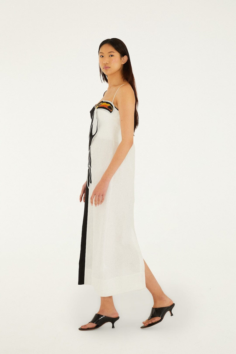 Black And White Embroidered Toucan Euroflax Premium Linen Sleeveless Maxi Dress 4