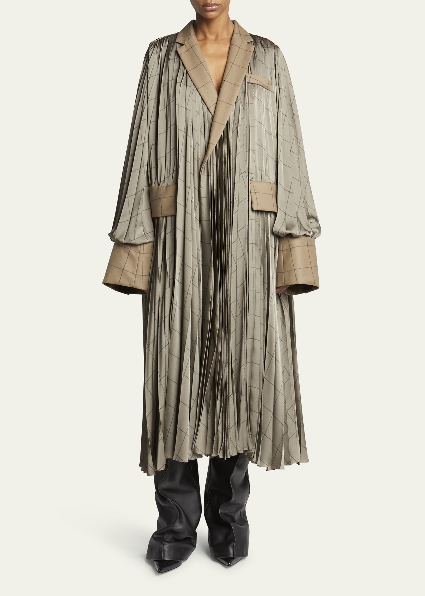 Windowpane Oversized Pleated Wool Coat - 2