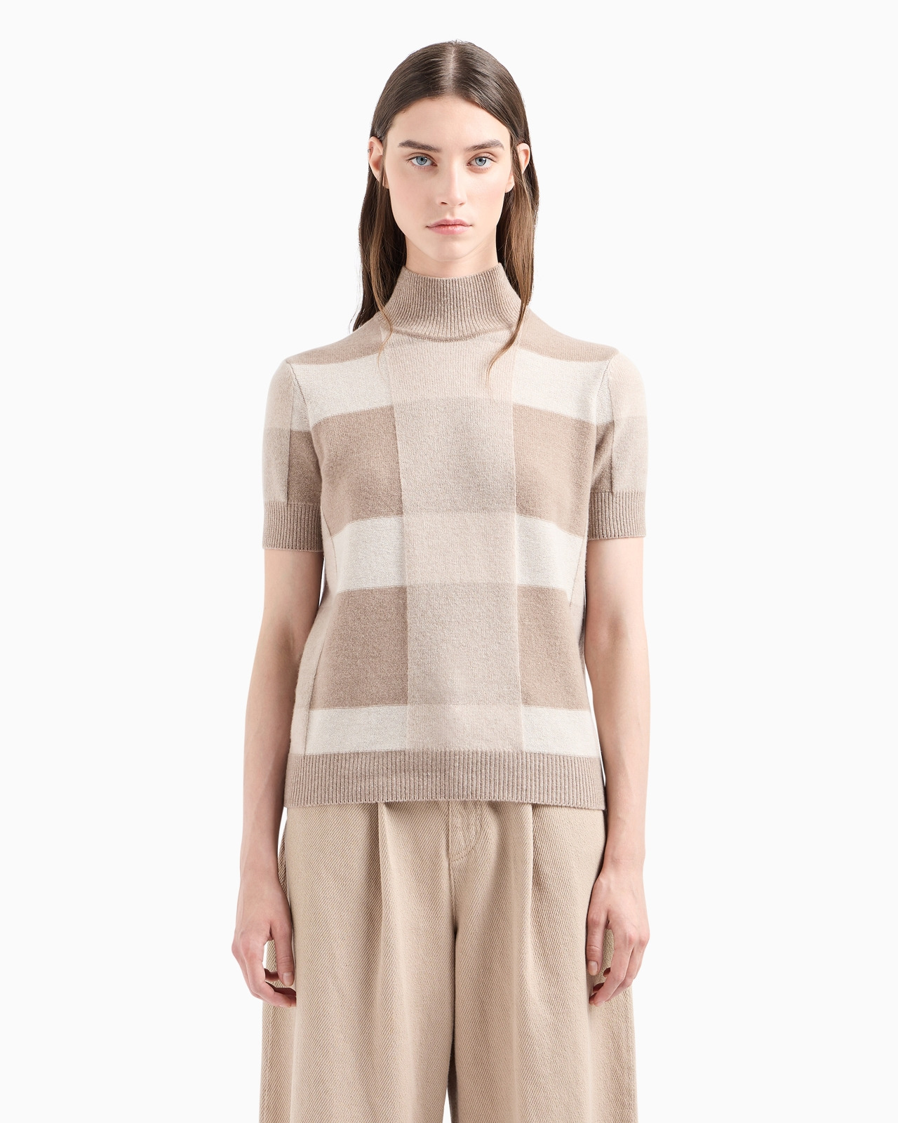 Icon short-sleeved virgin wool mock-neck jumper with a plated check motif - 2