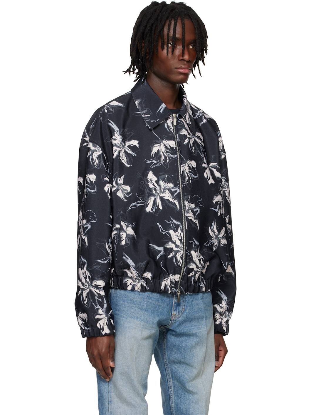 Navy Flower Printed Bomber Jacket - 2