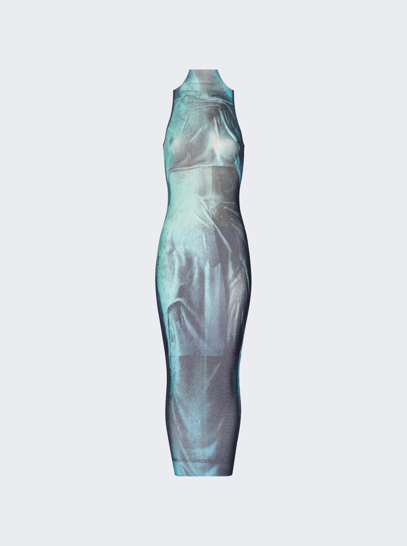 Mesh High Neck Long Dress Water Print - 1