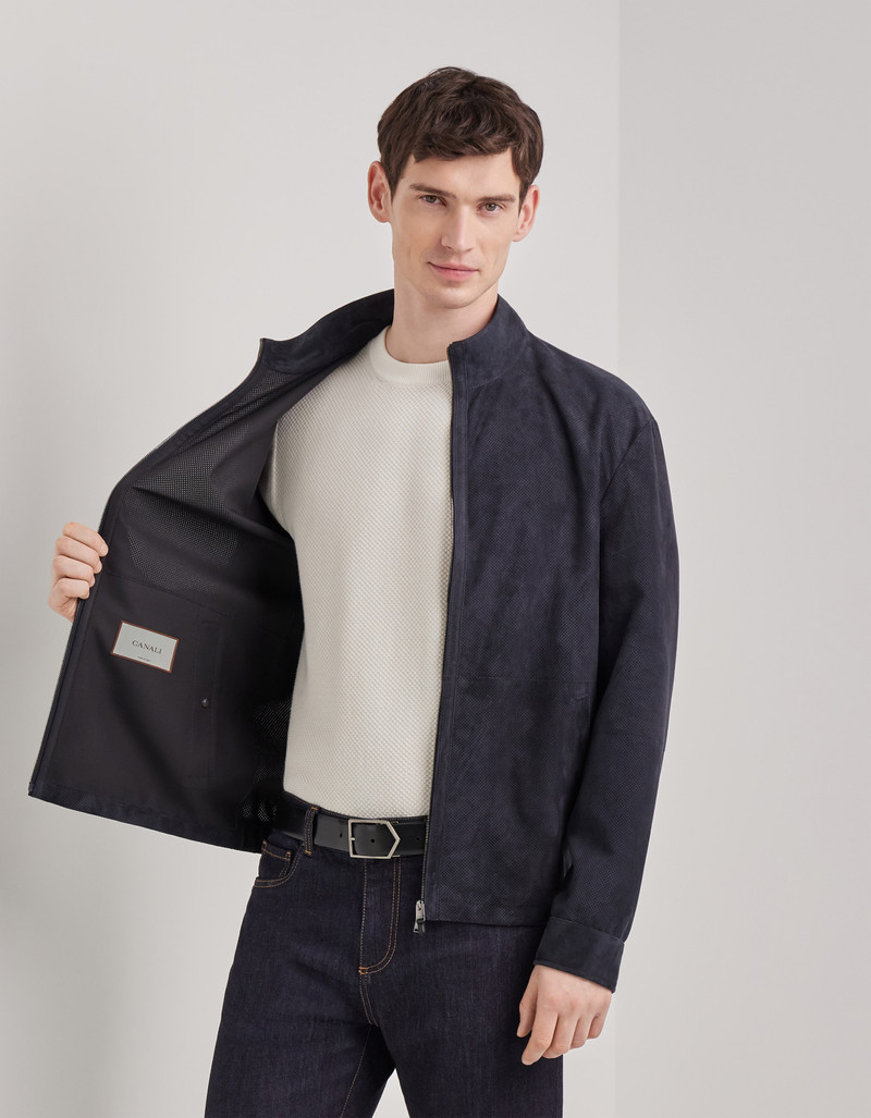 CARAMEL MIXED-MATERIAL ULTRALIGHT SUEDE BOMBER JACKET WITH KNIT INSERTS 274