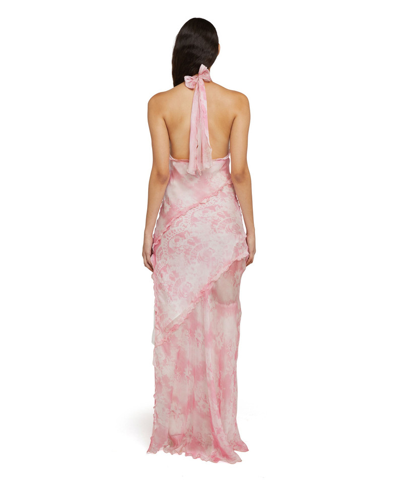 MSGM Silk chiffon long dress with "trompe l'oeil lace" print outlook