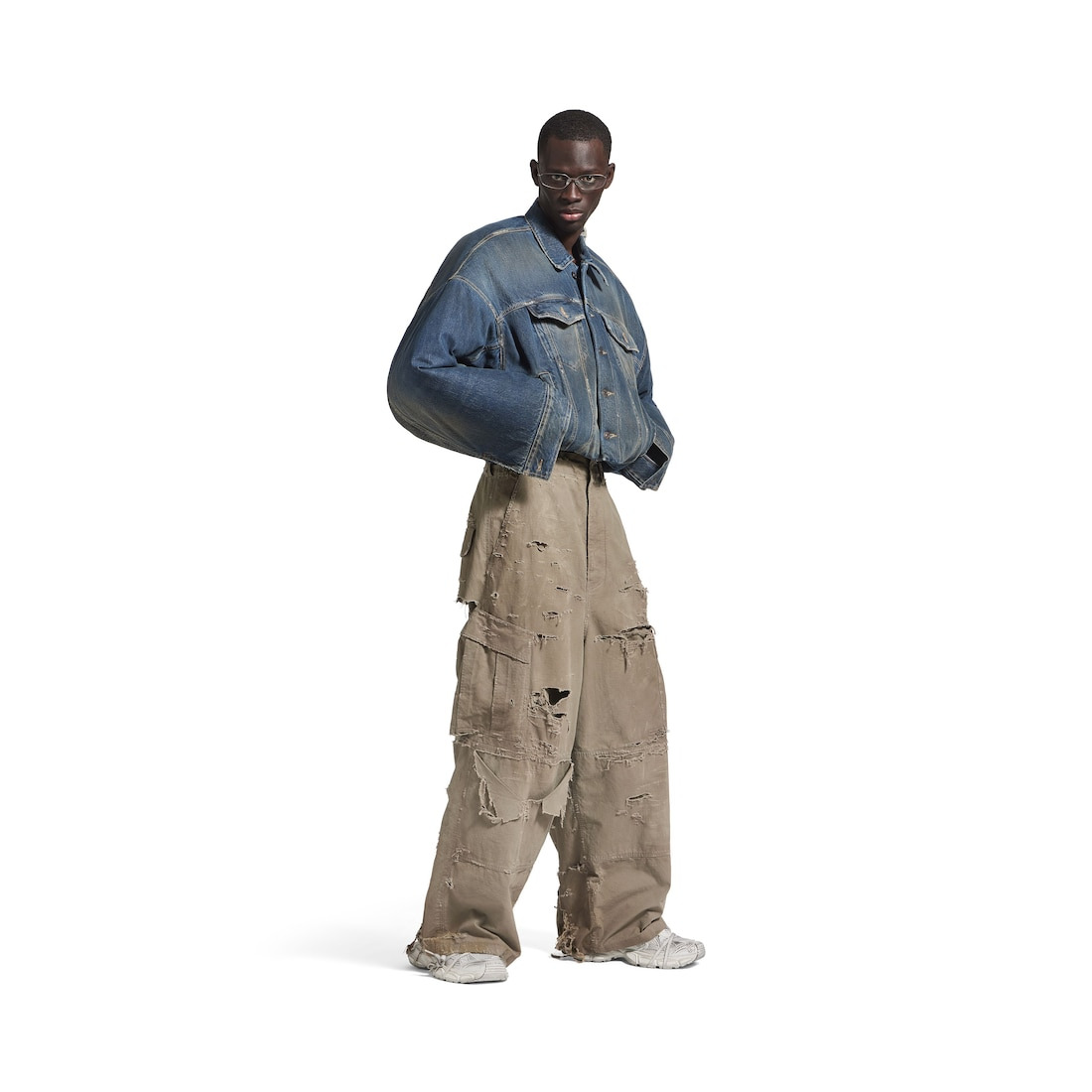 Men's Distressed Large Cargo Pants in Dark Beige - 2