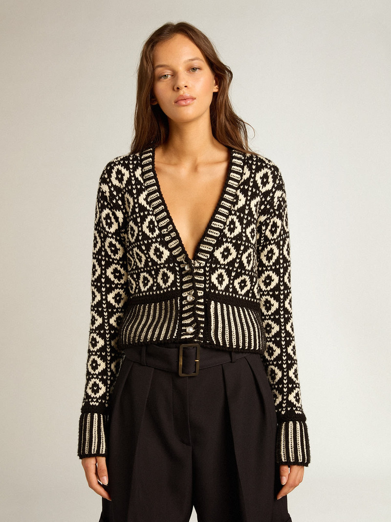 Golden Goose Cropped cardigan with geometric design in vintage white and black outlook