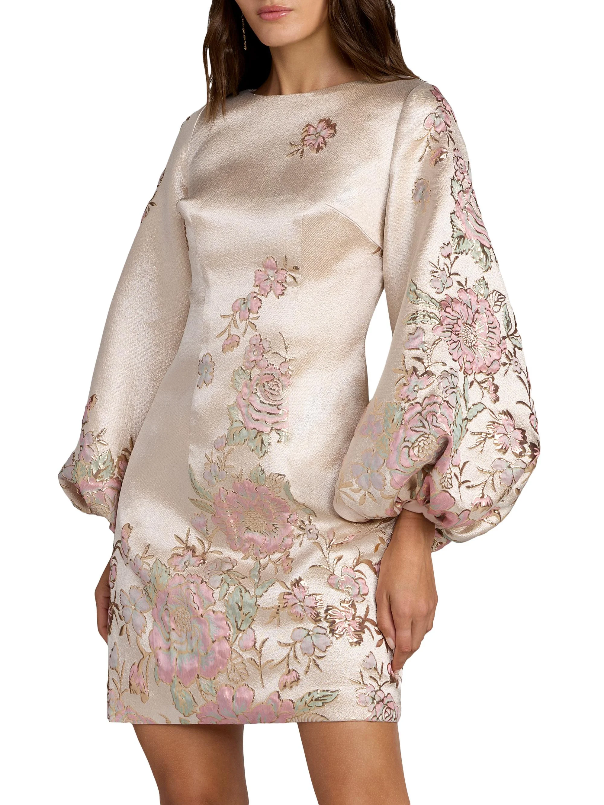 Women's Floral Brocade Long-Sleeve Minidress - Champagne Multi - 1