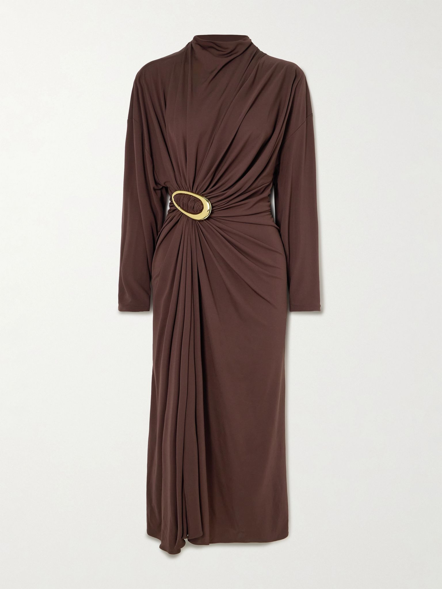 Gathered embellished crepe-jersey midi dress Brown - 1