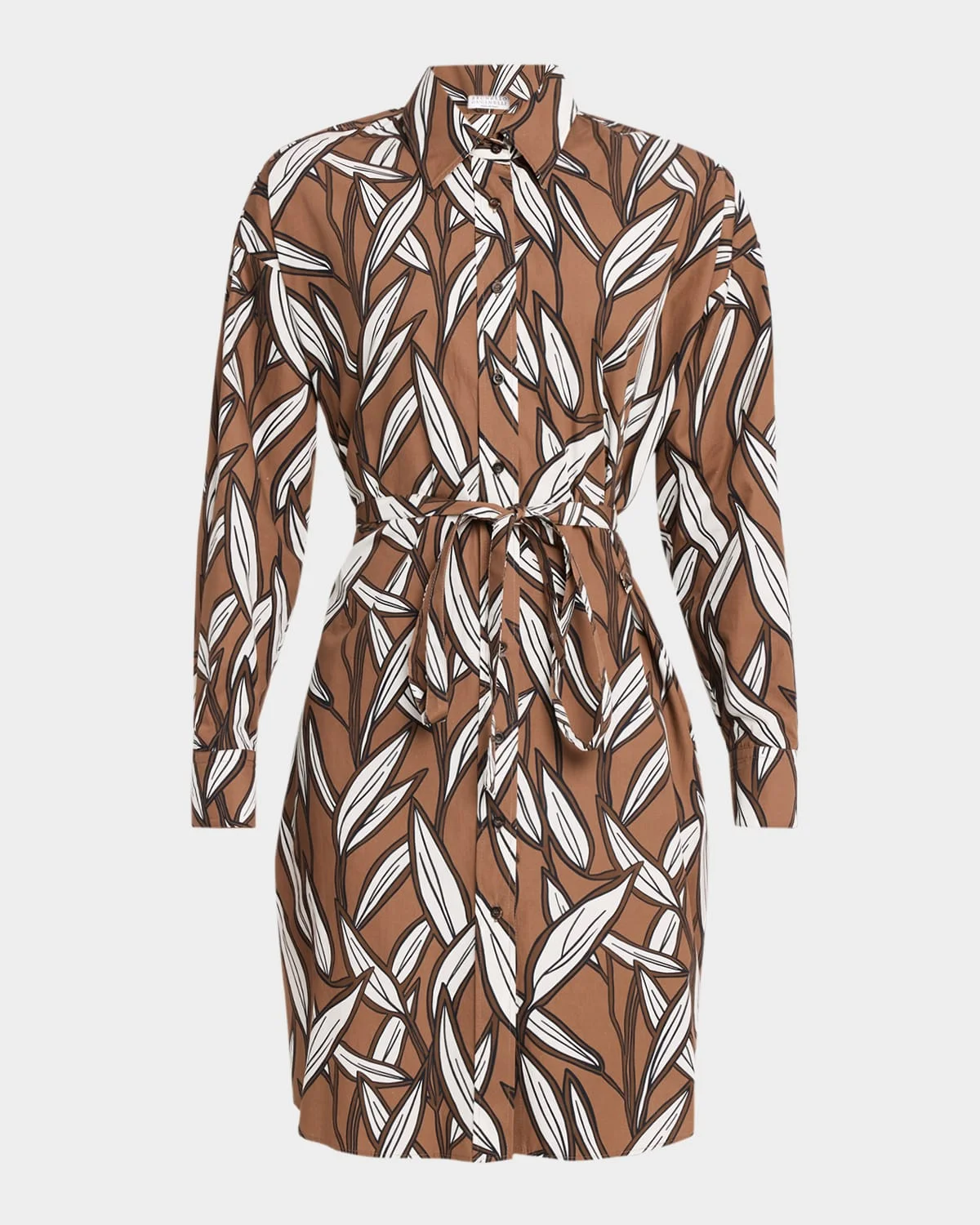 Collared Long-Sleeve Leaf-Print Cotton Dress - 1