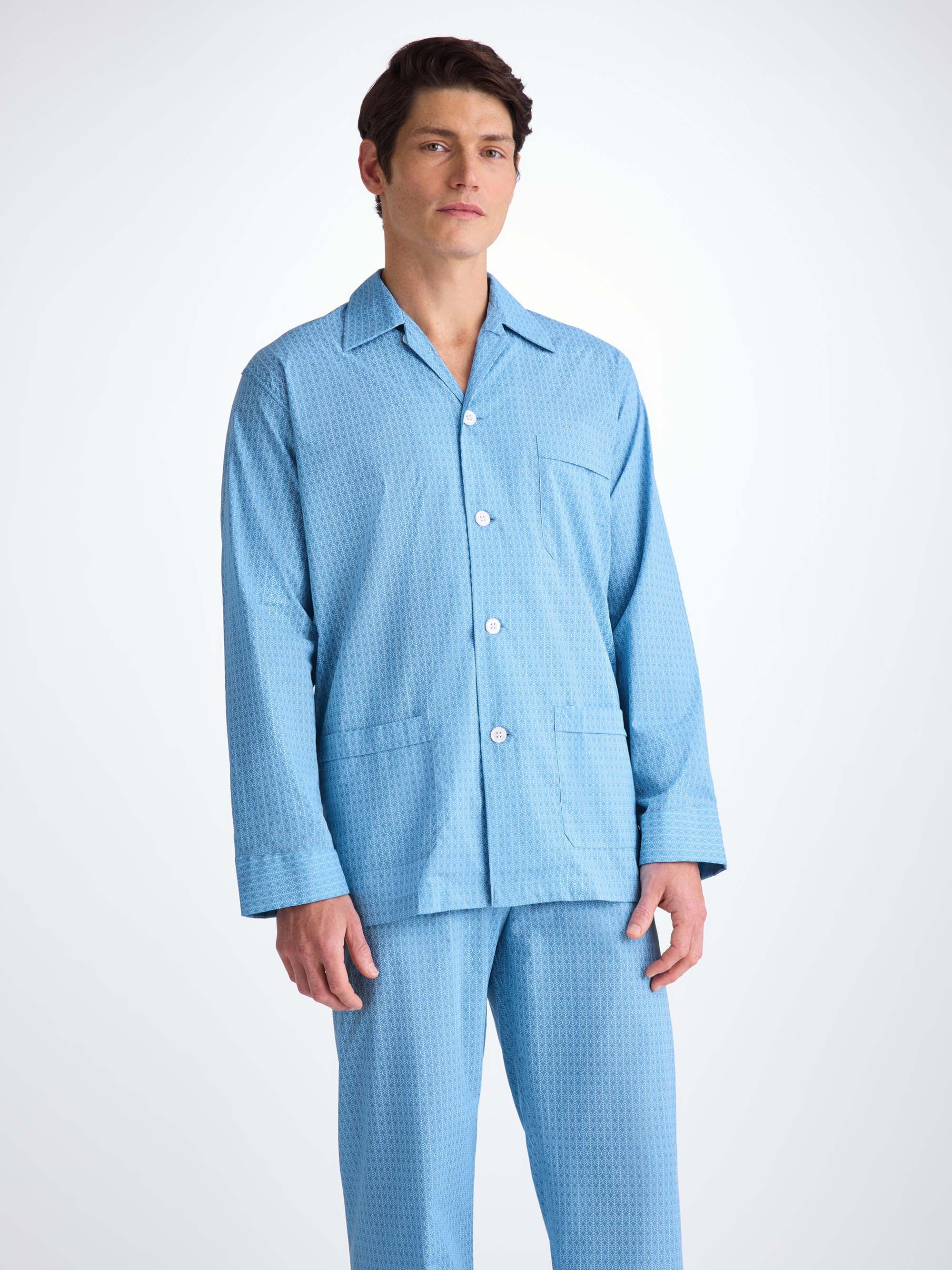 Men's Classic Fit Pajamas Cotton Batiste Blue Jungle Leaf Print - 5