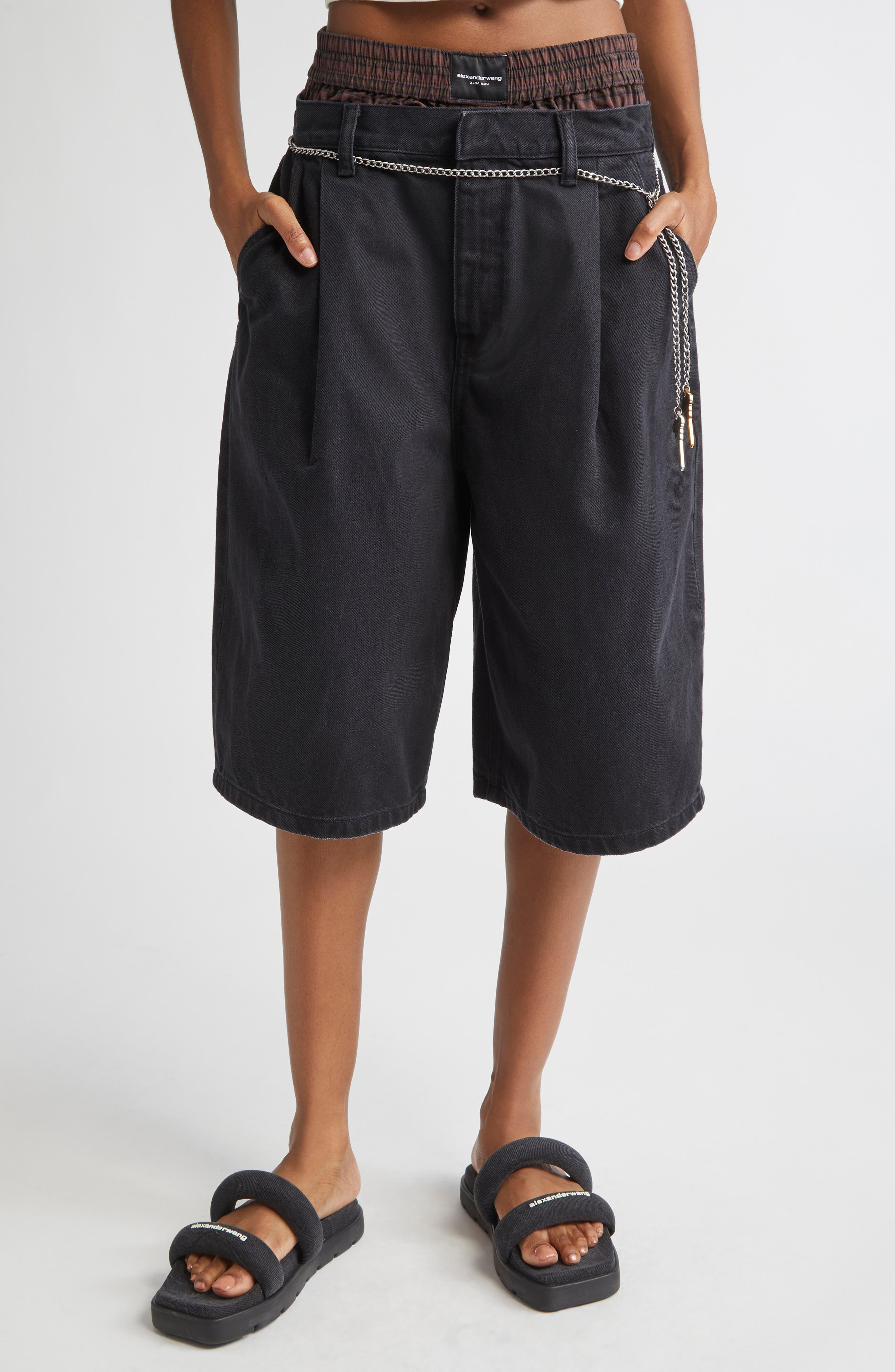 Alexander Wang Pre-Styled Pleated Denim Shorts with Chain Belt in Faded Black at Nordstrom - 1