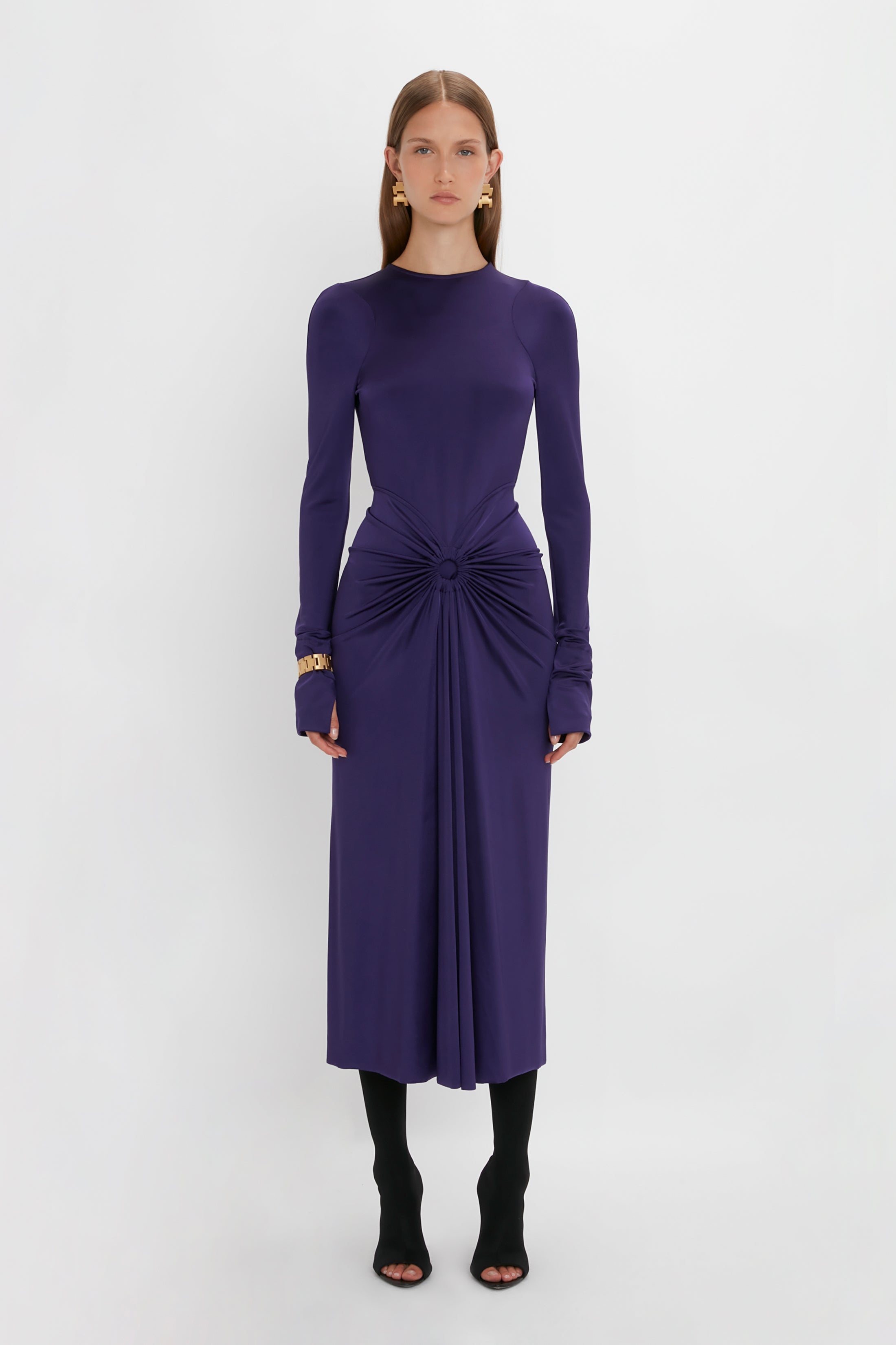 Long Sleeve Gathered Midi Dress In Ultraviolet - 2