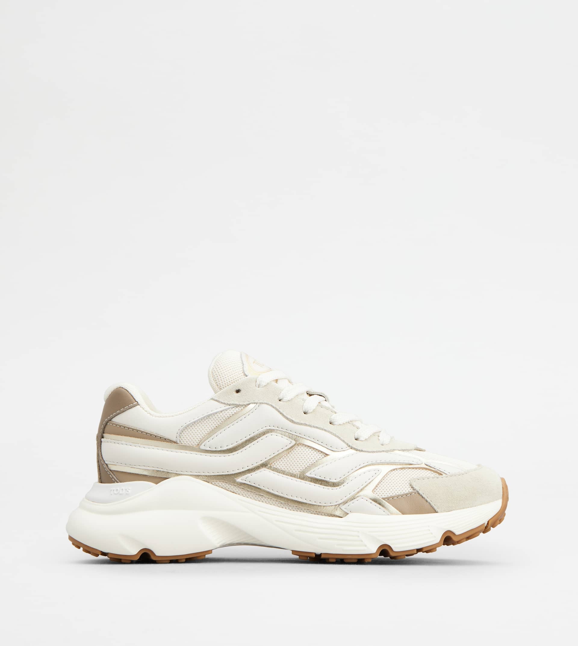 SNEAKERS IN LEATHER AND FABRIC - BEIGE, WHITE, GOLD - 1