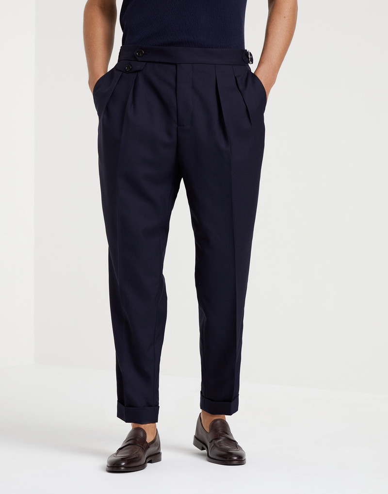 Virgin wool fresco tailor fit trousers with reversed double pleats and waist tabs 1
