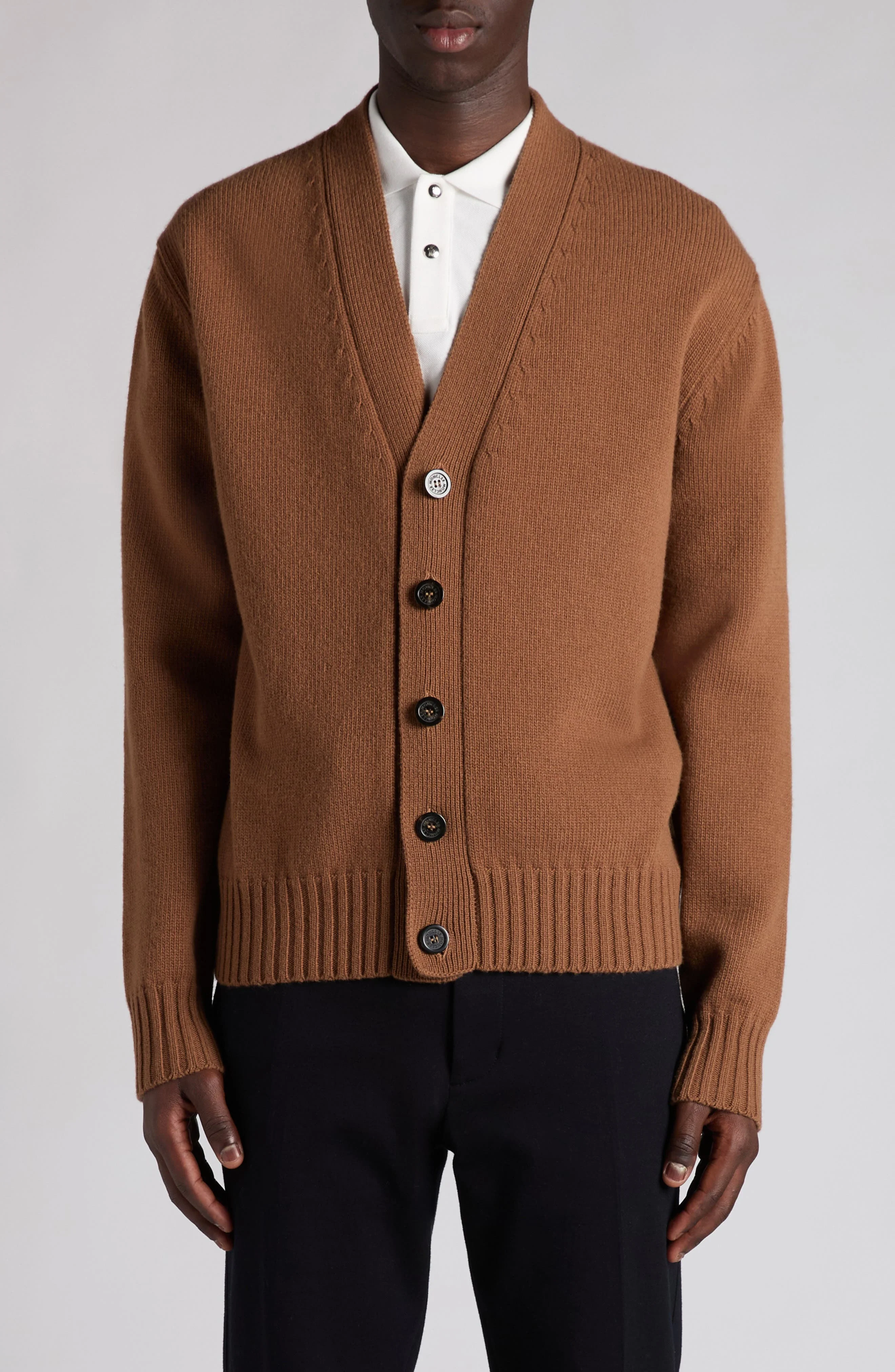 Moncler Logo Patch Virgin Wool Cardigan in Dull Brown at Nordstrom - 1