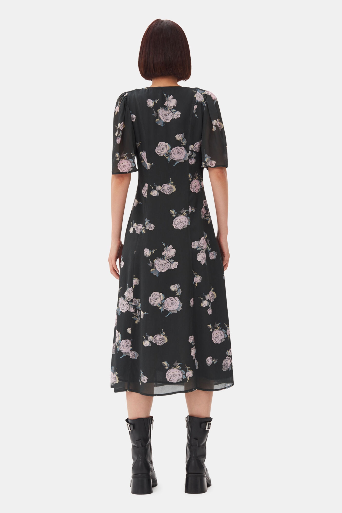 BLACK FLORAL CREPE WRAP MIDI DRESS - 5