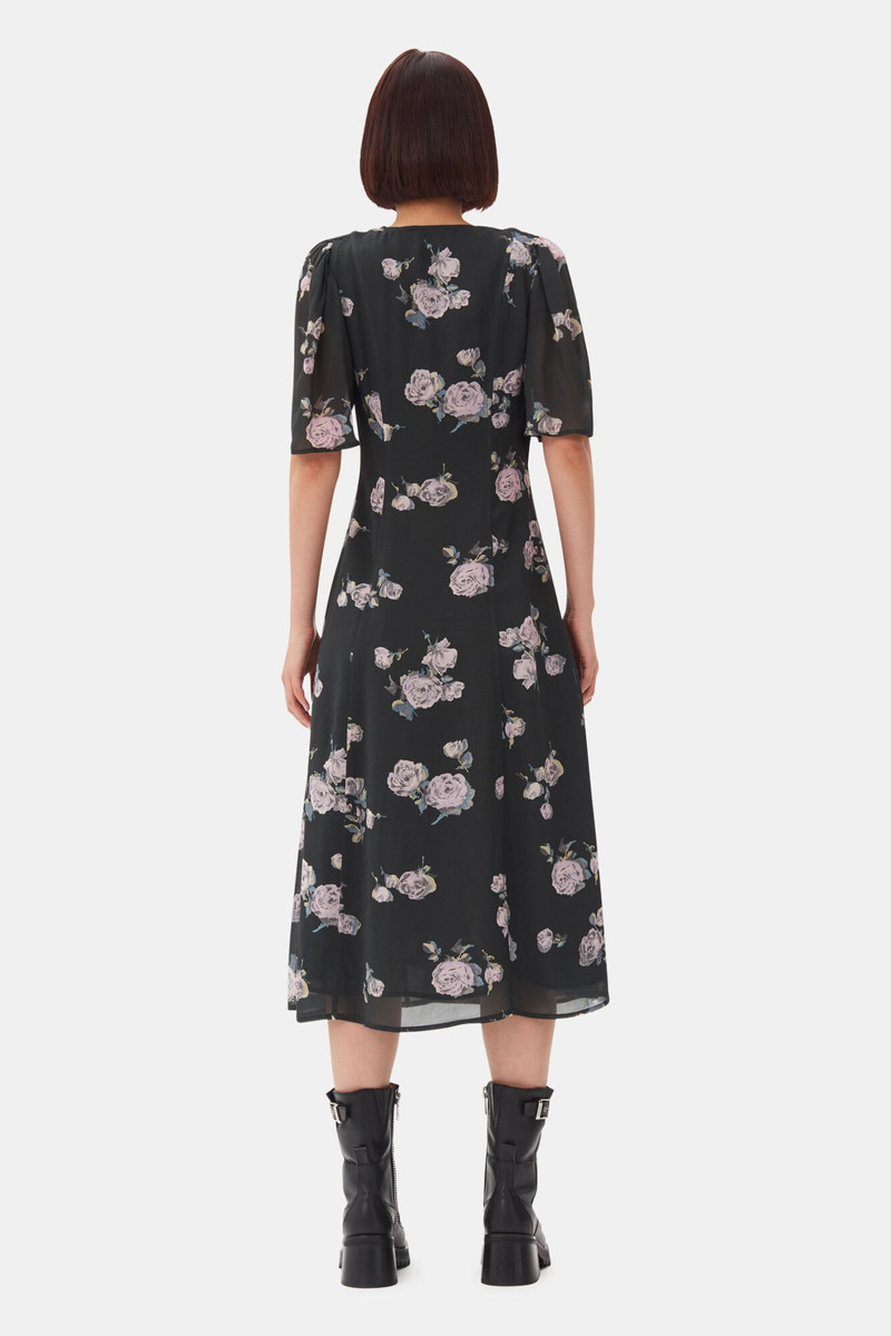 BLACK FLORAL CREPE WRAP MIDI DRESS 5