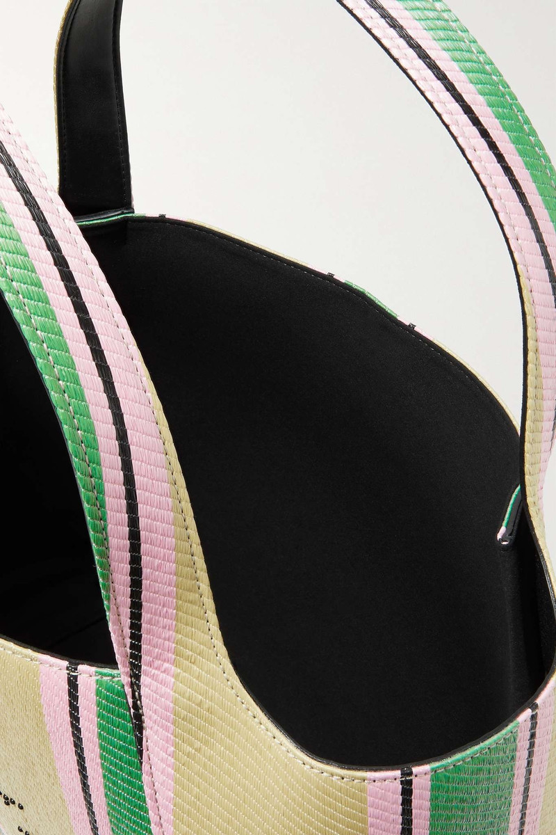 Vegetarian leather-trimmed studded striped raffia tote 5