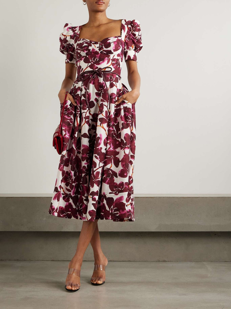 REBECCA VALLANCE Nerissa belted leather-trimmed floral-print voile midi dress Purple outlook