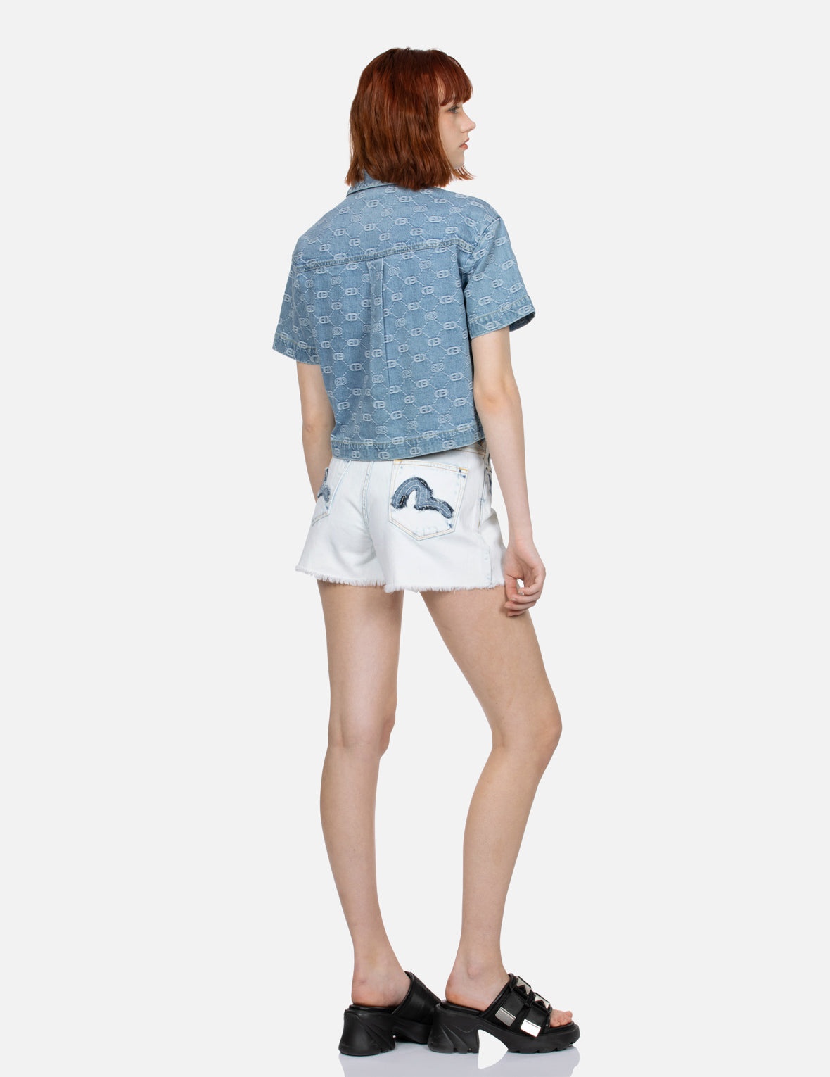 ALLOVER LOGO JACQUARD AND RHINESTONE SEAGULL FASHION FIT DENIM SHIRT - 4