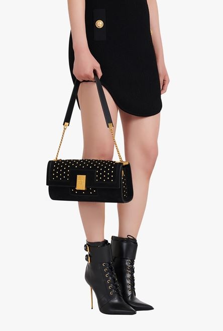 Black suede and gold-tone polka dot 1945 clutch bag - 9