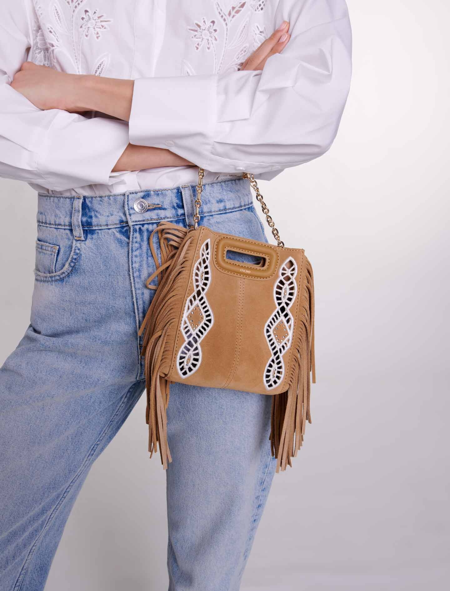Embroidered suede fringed M mini bag - 6