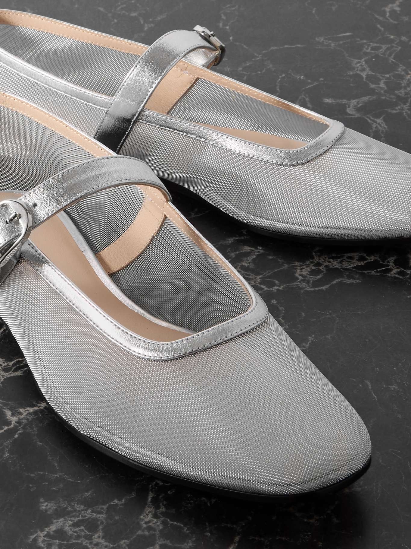 Metallic leather-trimmed mesh Mary Jane ballet flats Silver - 4
