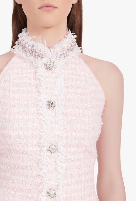 White and pale pink tweed open-back dress with embroideries - 6