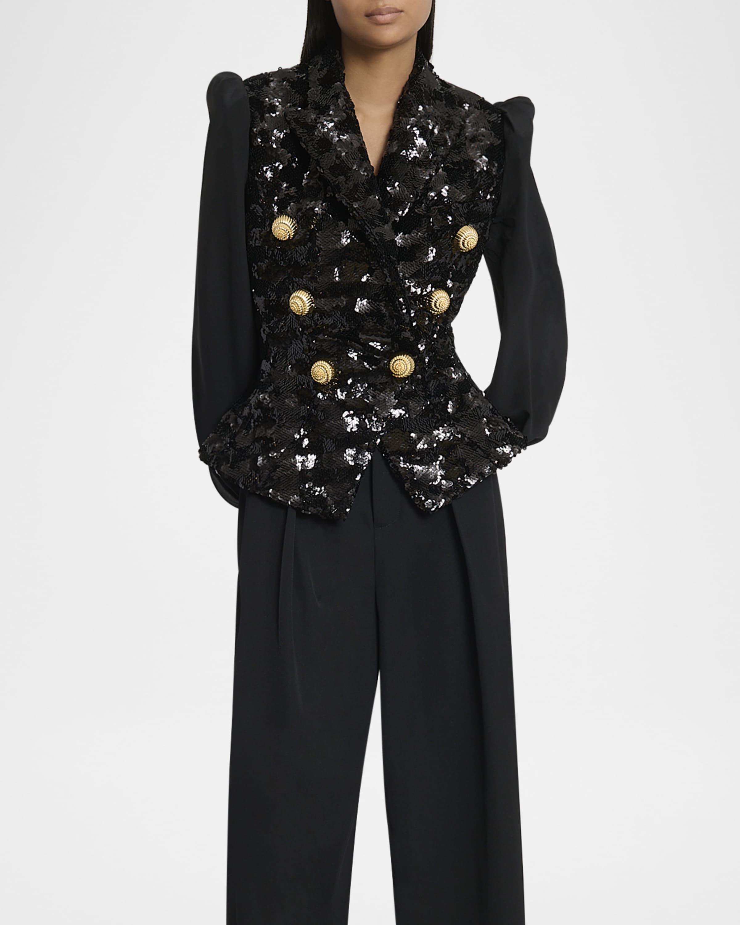 Sequined Double-Breasted Blazer with Muslin Sleeves - 2