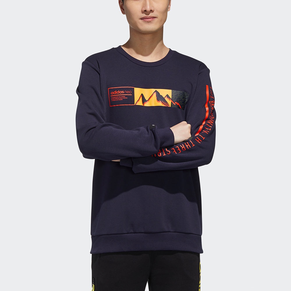 Men's adidas neo Ss Cs Swt Mountains Pattern Alphabet Printing Round Neck Sports Navy Blue GM2284 - 3