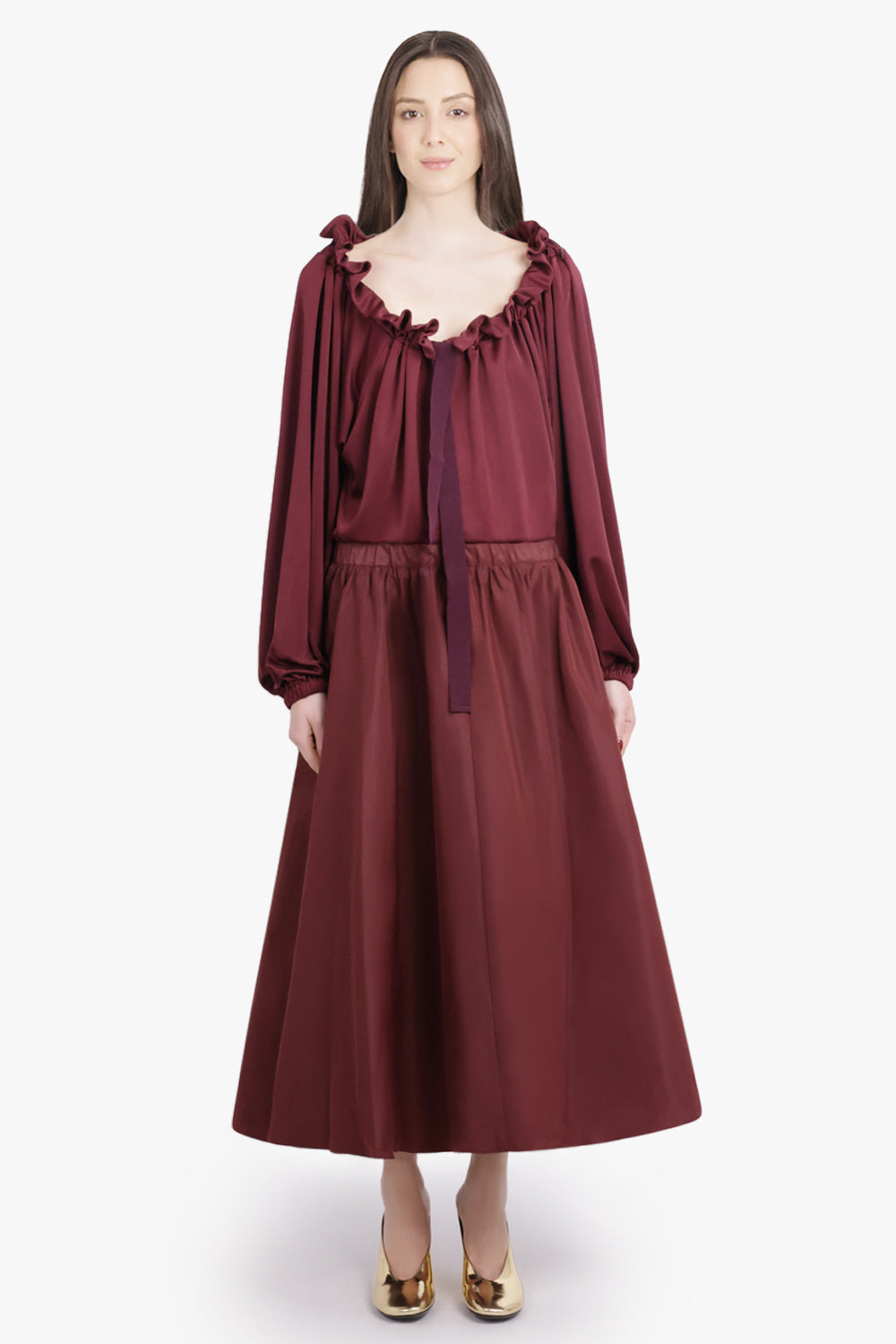 ASYMMETRIC VOLUME MIDI SKIRT | BURGUNDY - 4