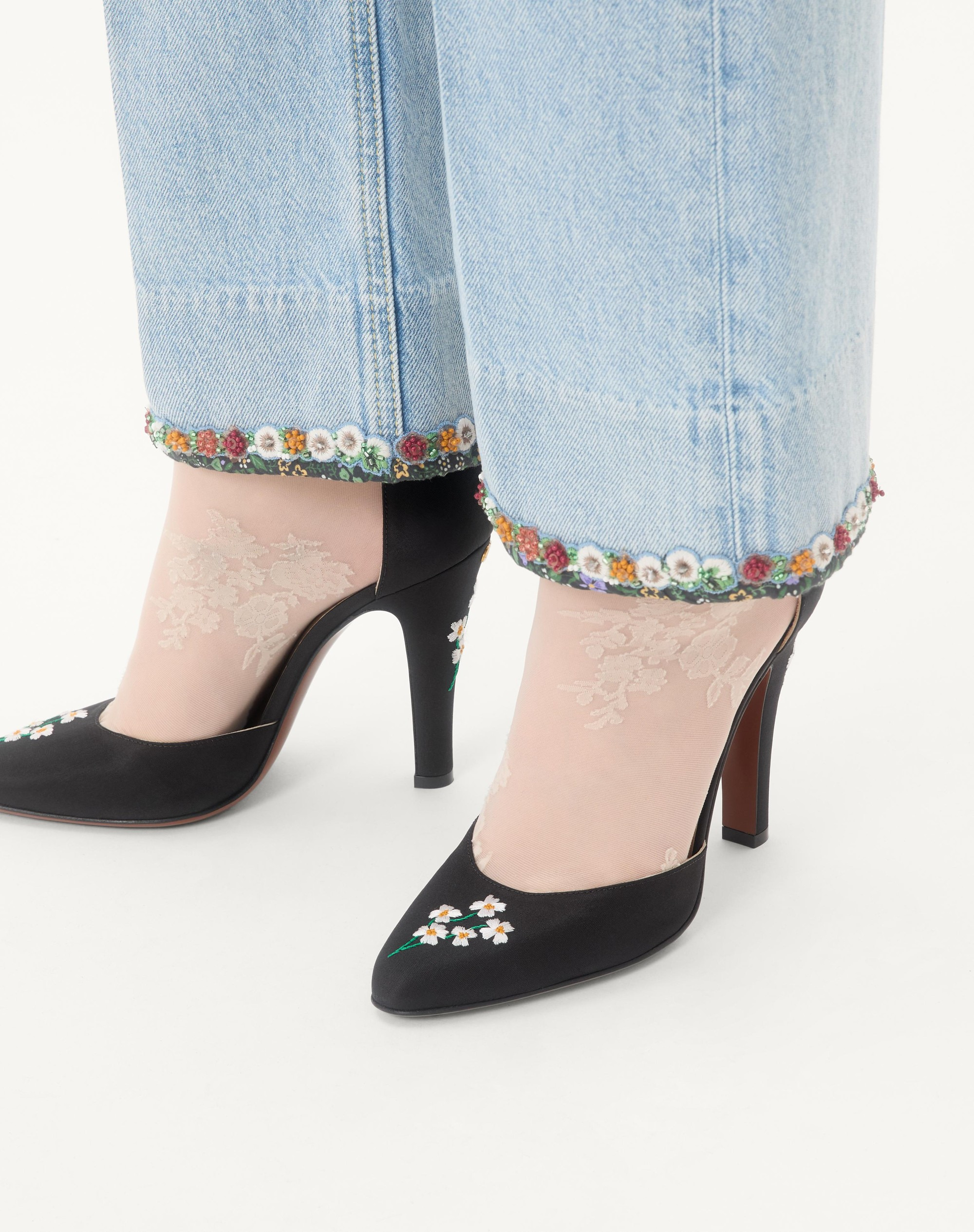 HI DOLLY FABRIC PUMPS WITH FLORAL EMBROIDERY 105MM - 2