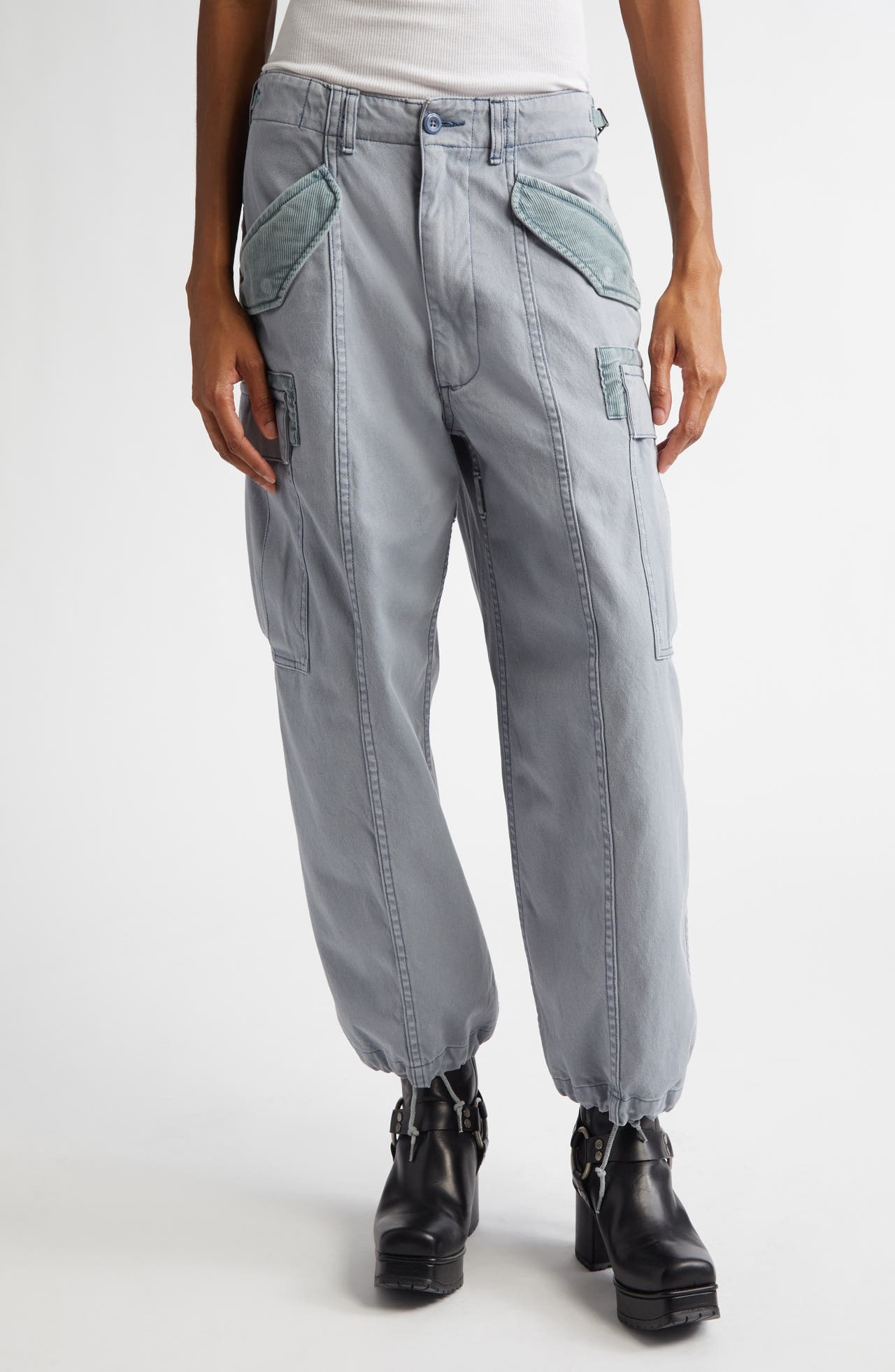 R13 R13 Mixed Media Crop Cargo Pants in Faded Steel Blue Canvas at