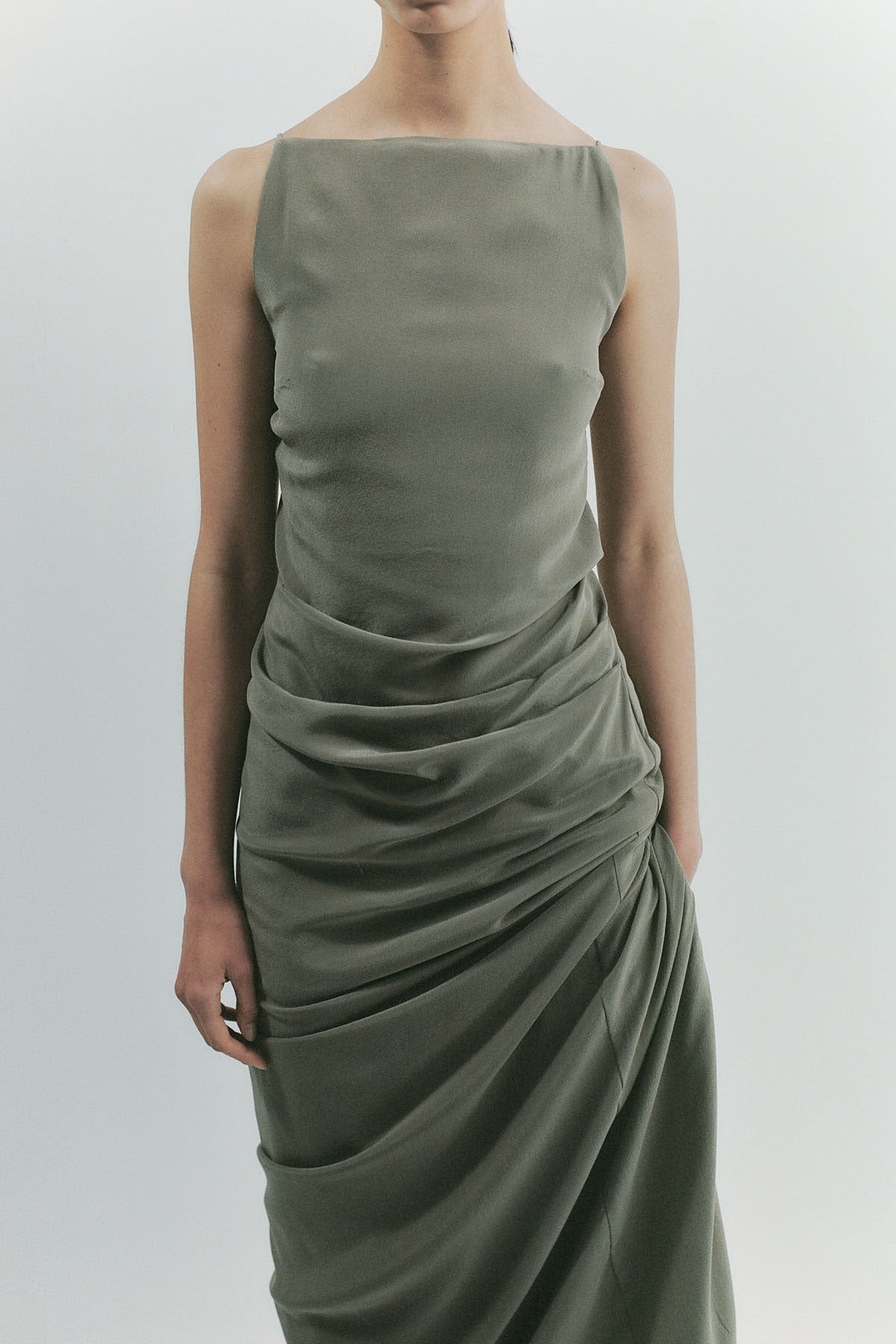 Silk Tuck Dress - Smokey Olive - 6
