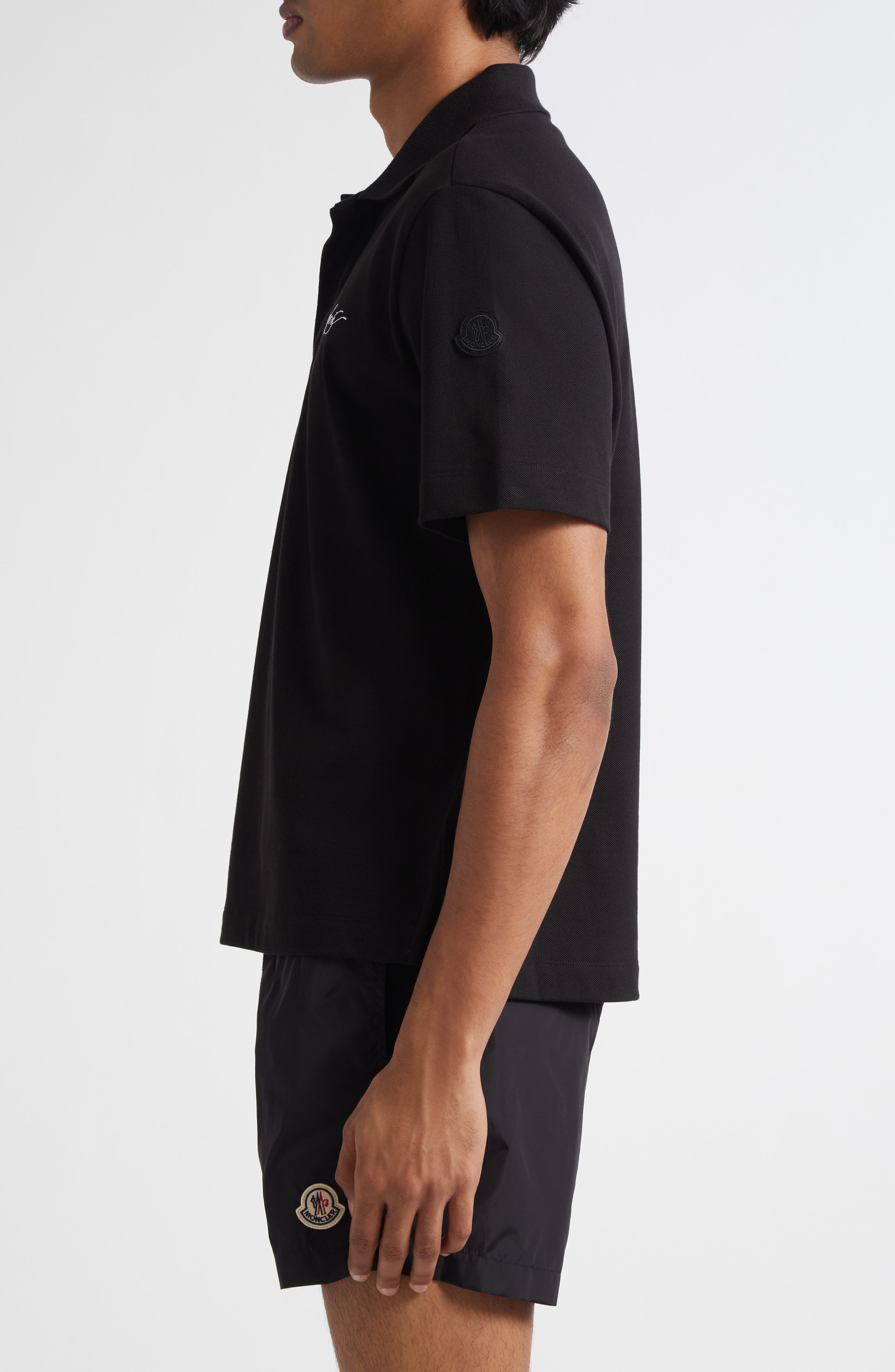 Moncler Logo Patch Cotton Piqué Polo in Smoky Black at Nordstrom - 4