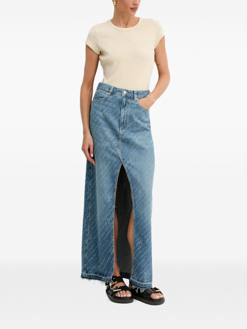 distressed-details denim maxi skirt - 2