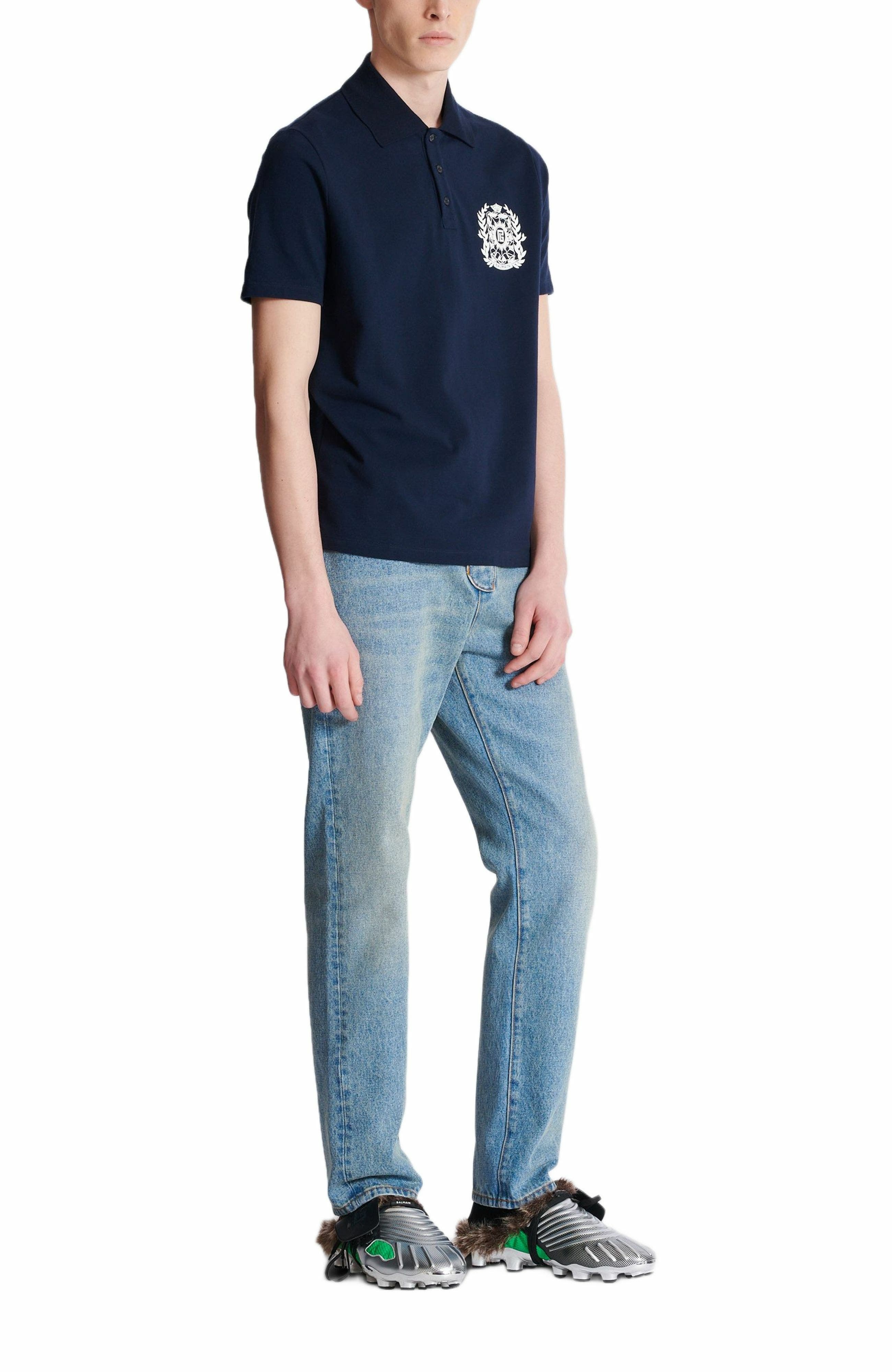 Balmain Cotton polo shirt with Écusson print in Navy at Nordstrom - 2