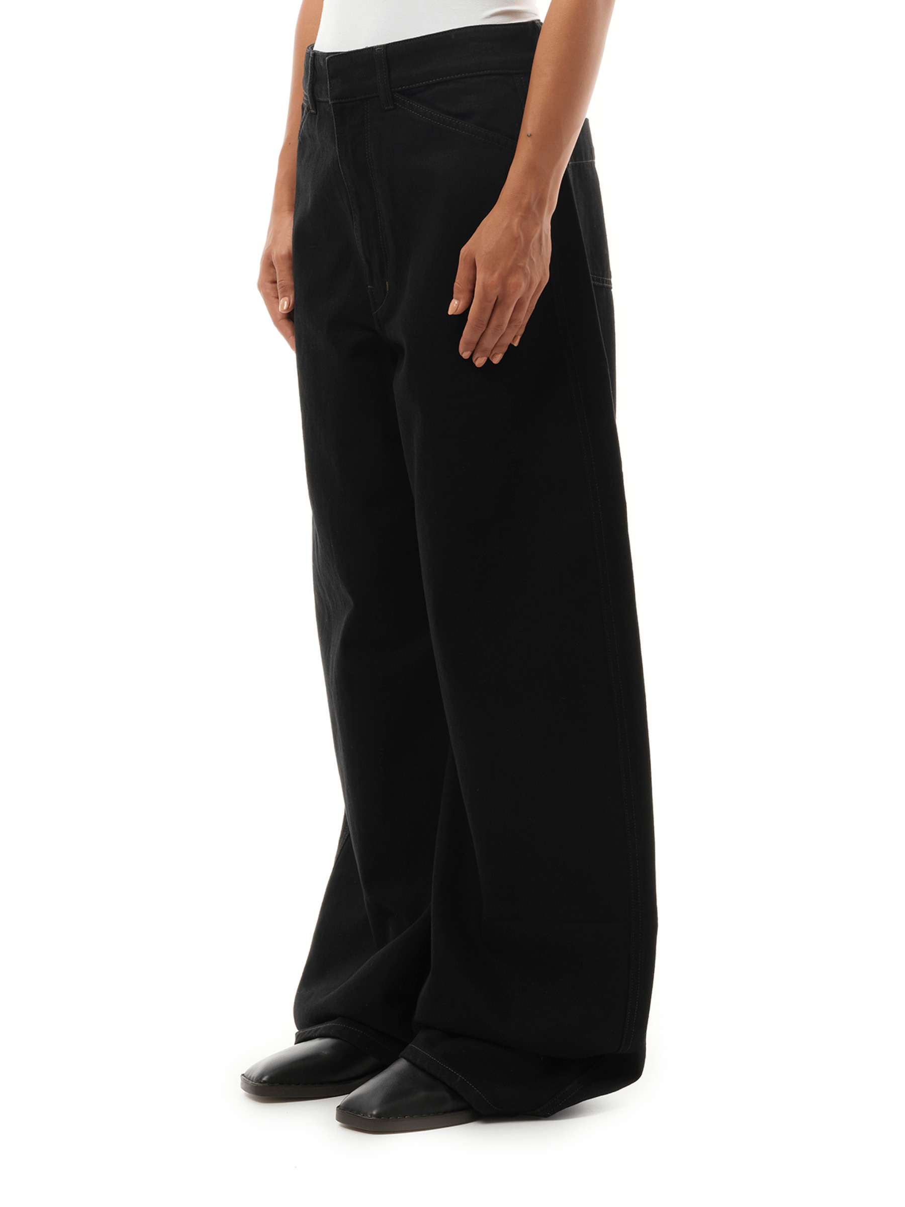 High Waisted Curved Denim Pants in Black - 5
