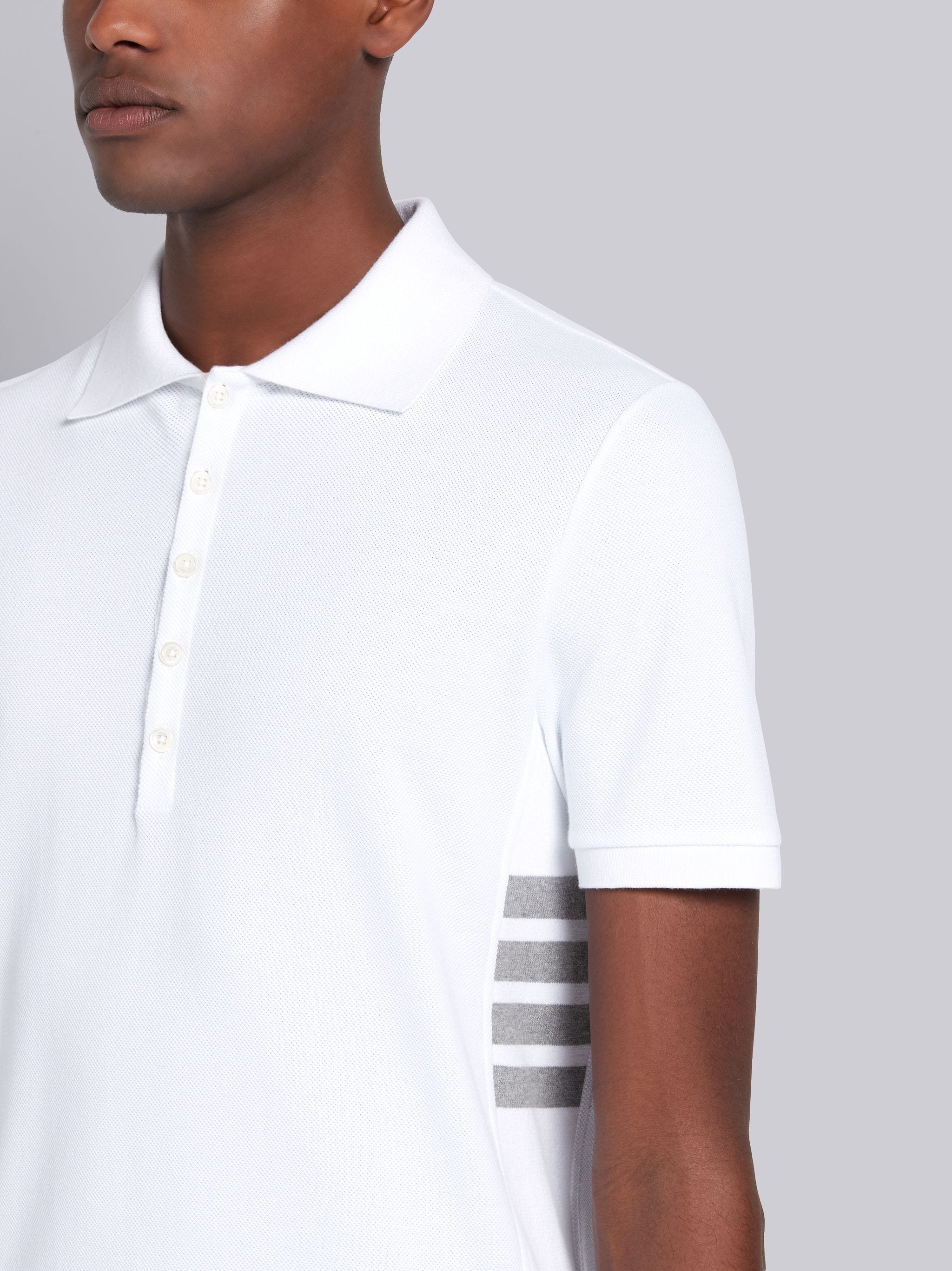 White Classic Cotton Pique Side Insert 4-Bar Polo - 5