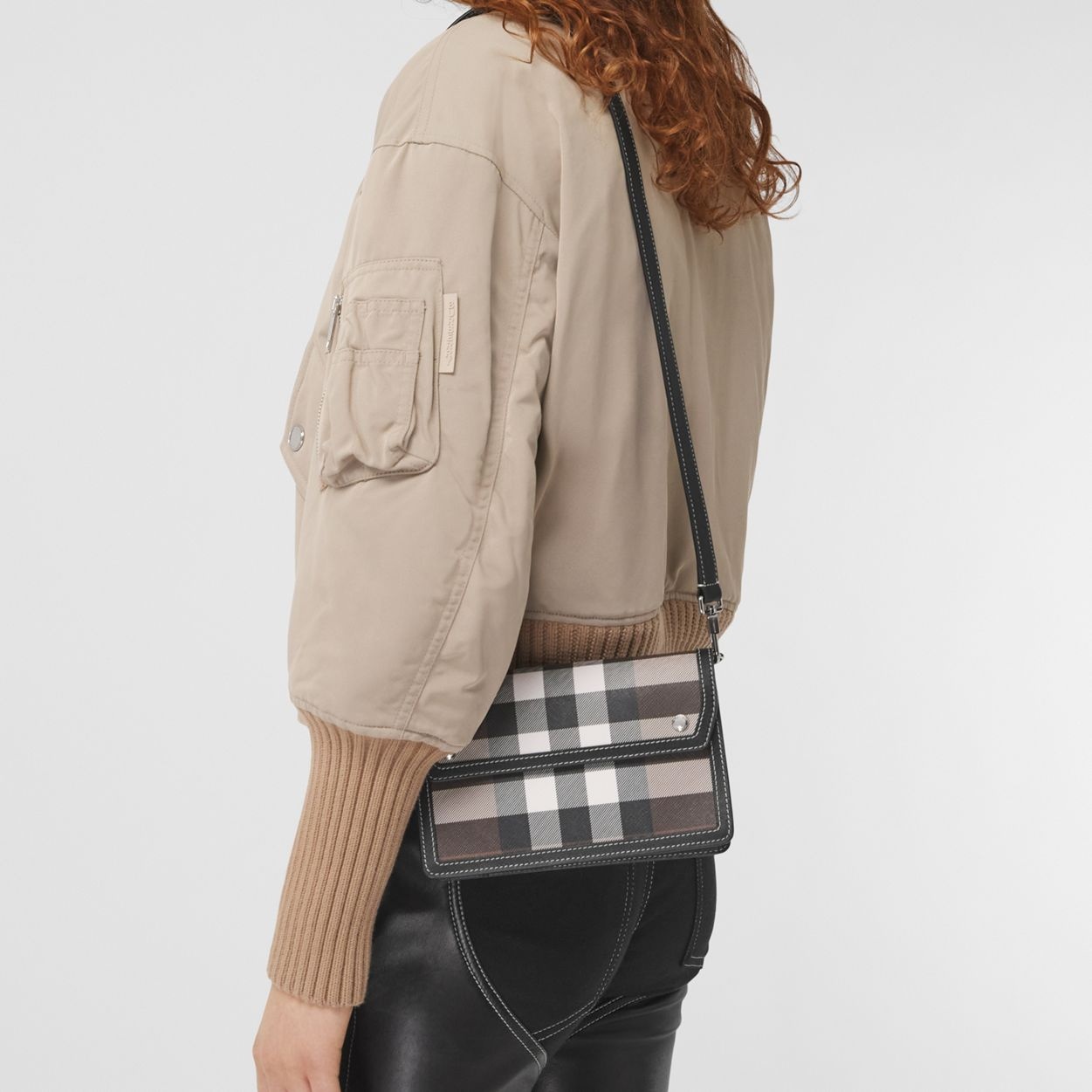 Check and Leather Crossbody Bag - 3