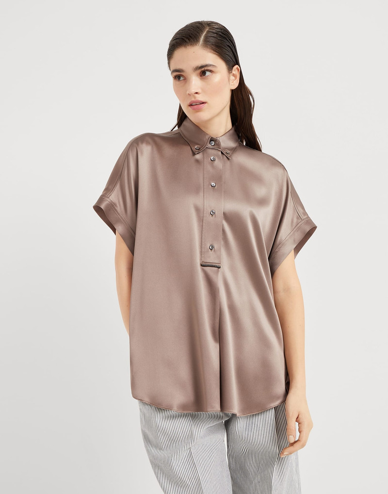 Stretch silk satin short sleeve shirt with monili - 1