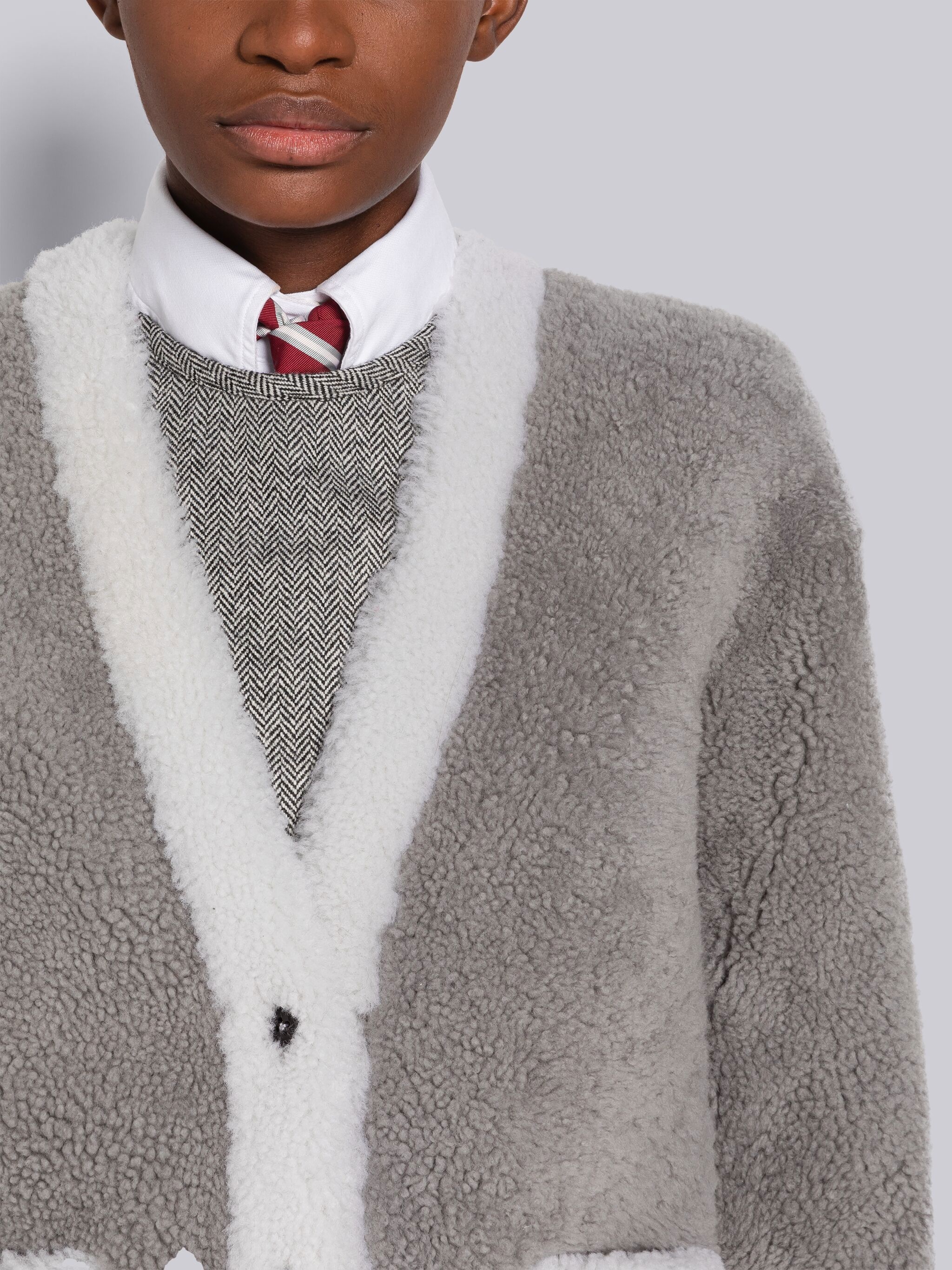 Shearling Contrast Trim V-Neck Cardigan Jacket - 5