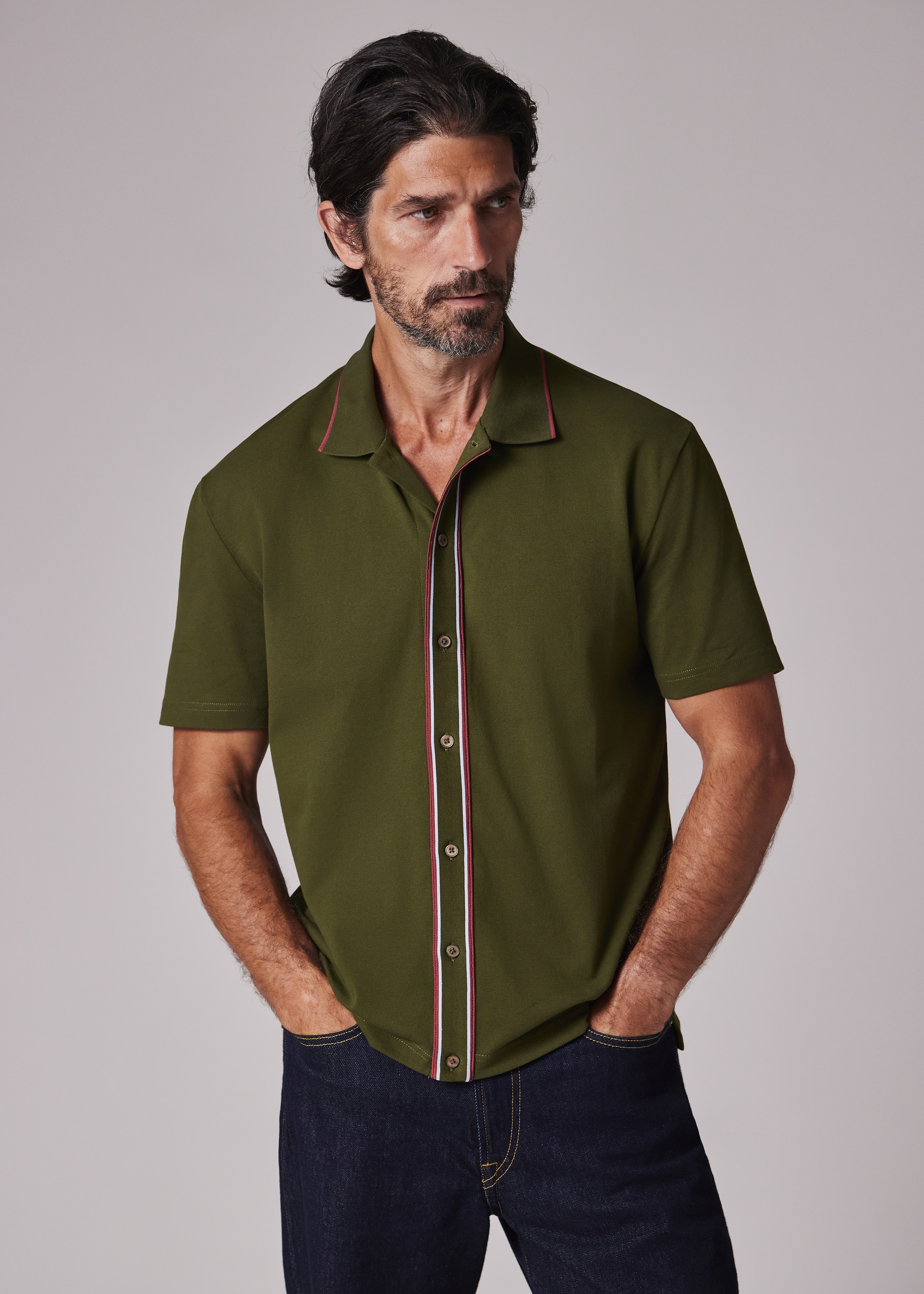 Khaki Green Button-Front Stretch-Cotton Polo Shirt - 3
