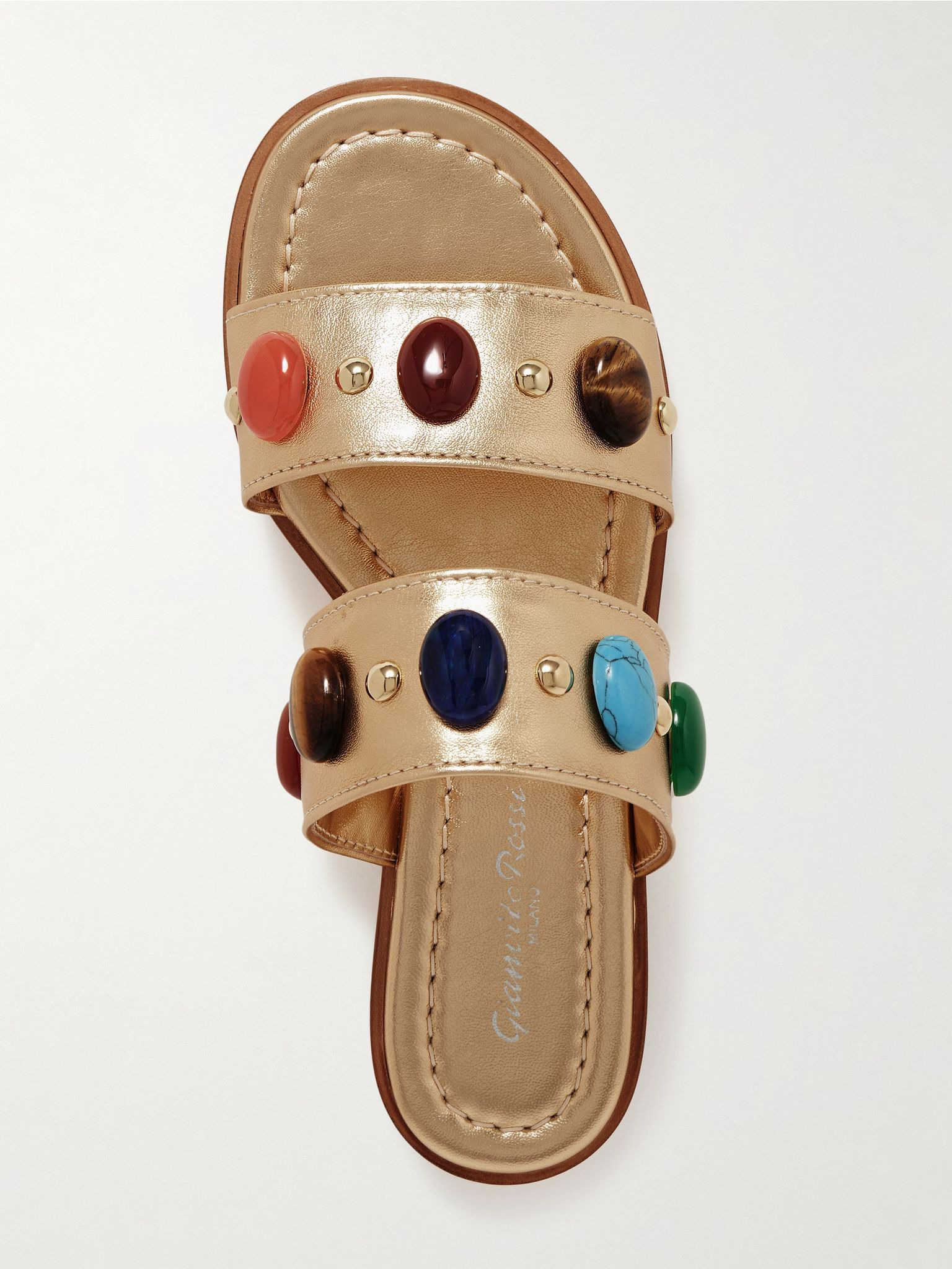 Embellished metallic leather slides Gold - 5