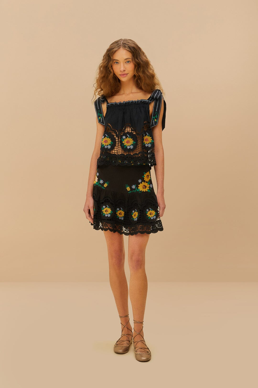 Black Cross Stitch Sunflower Richelieu Lenzing™ Ecovero™ Euroflax™ Mini Skirt - 1