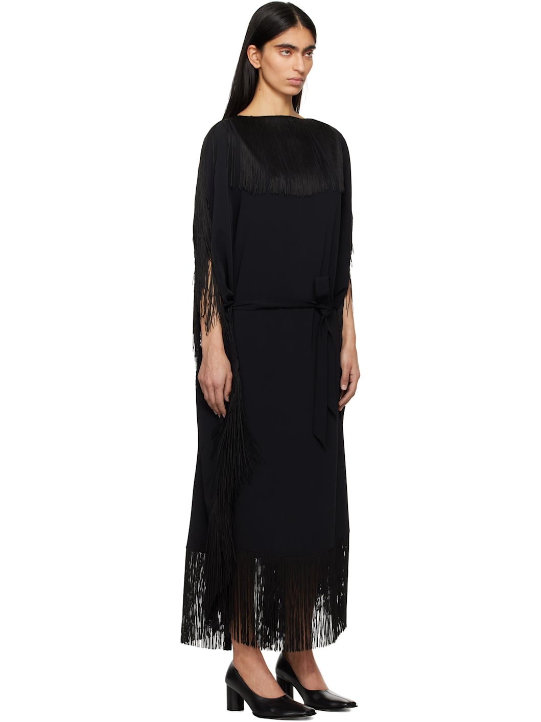 Black Fluid Fringe Midi Dress - 2