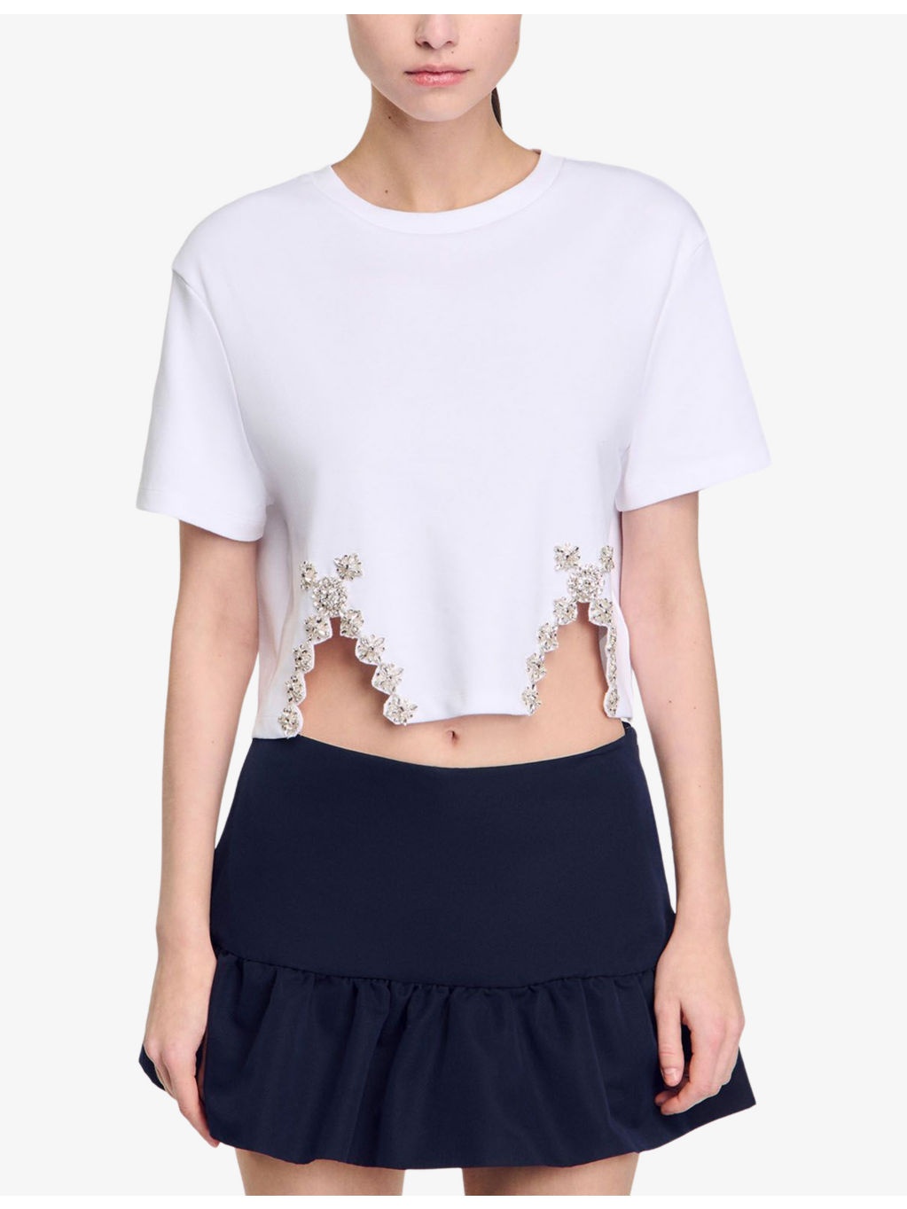 Crystal-embellished cut-out cotton-blend T-shirt - 3