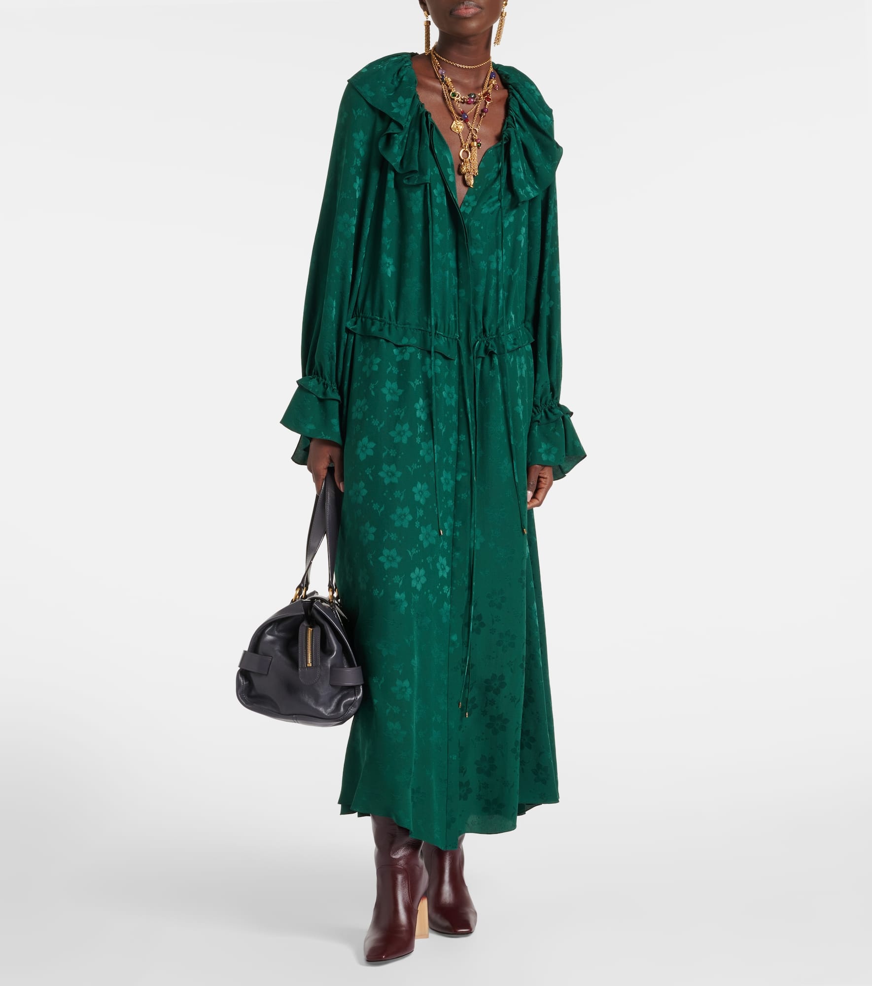 Ruffled floral silk jacquard midi dress - 2