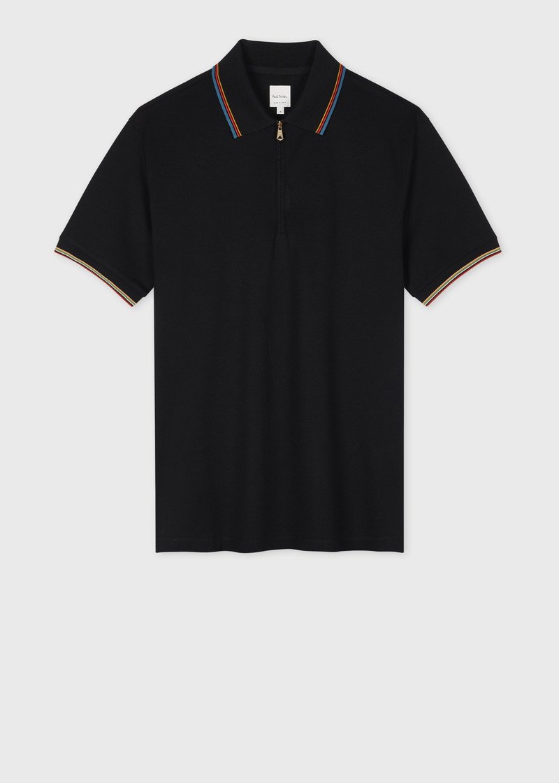 Black Cotton 'Signature Stripe' Trim Zip Polo Shirt - 1