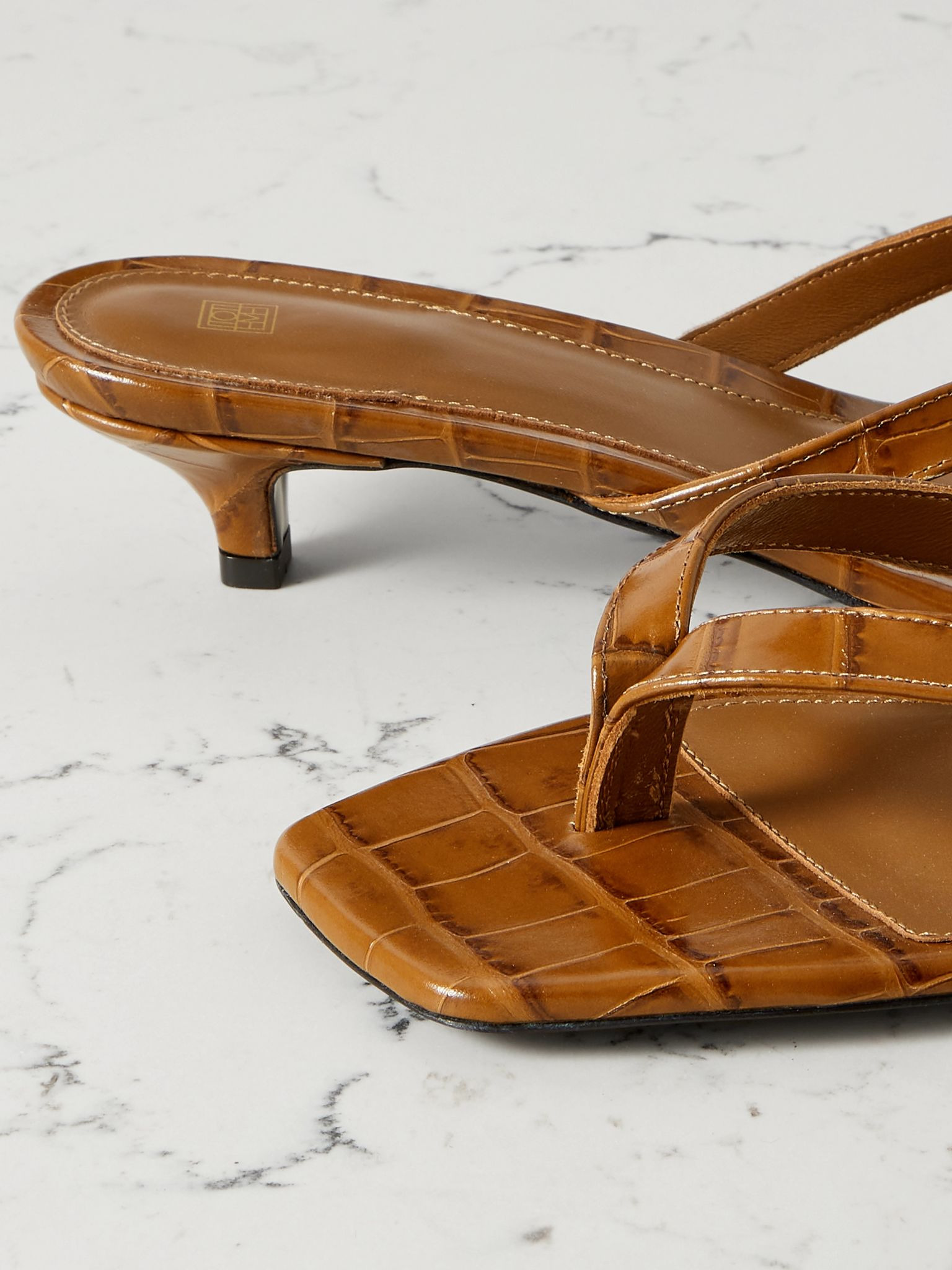 Croc-effect leather sandals Camel - 4