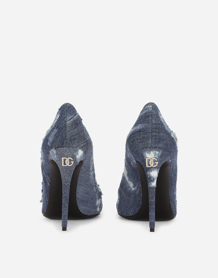 Patchwork denim pumps with rhinestone buckle - 3